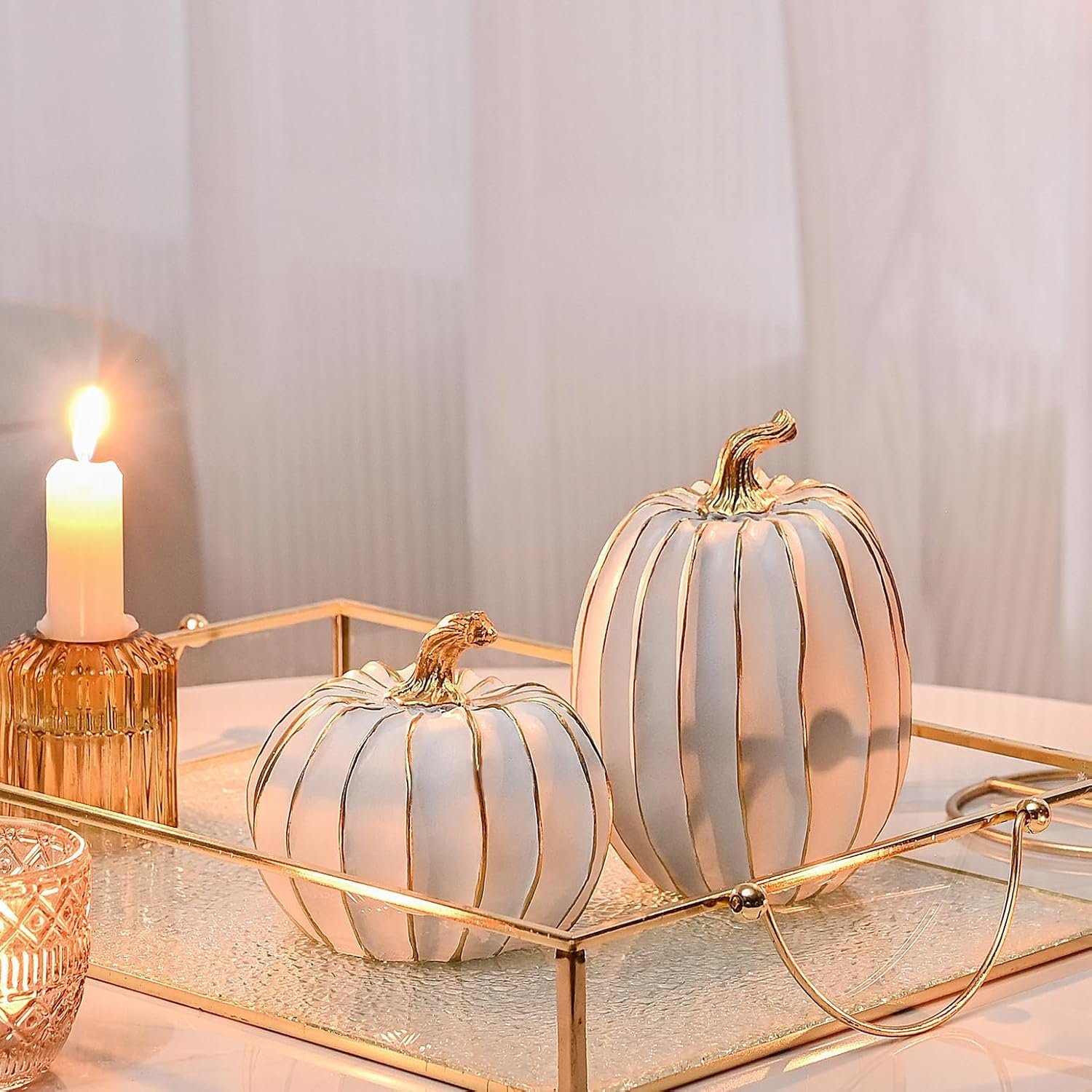 FESTGLOX Fall Pumpkin Decor, 2Pcs Resin Thanksgiving Fake Pumpkin Figurines | White and Gold Pumpkins for Decorating, Fall Decorations for Home, Farmhouse, Harvest Table Centerpiece