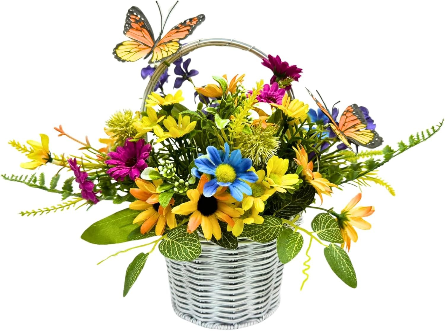 Svndlyn 13 Inch Lighted Summer Floral Basket Centerpiece with Butterflies | 10 Warm White LEDs, Daisy Flowers and Greenery for Table, Shelf and Spring Summer Decor
