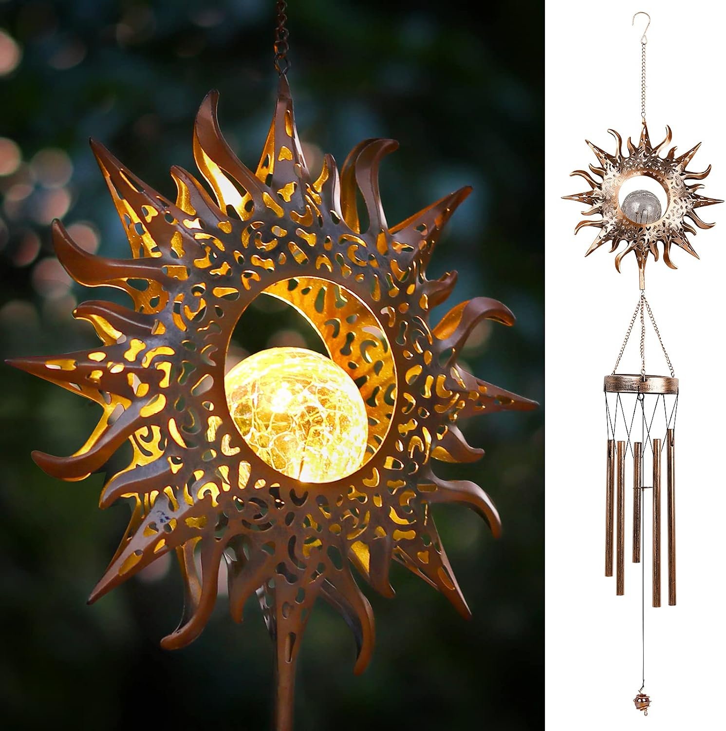 DesGully Solar Wind Chimes, Sun Wind Chime Outdoor Clearance w/Glowing Crackle Glass LED Unique Wind Bells for Outside Waterproof Chimes, Gifts for Her/Him (42″ Long Metal Chimes)…