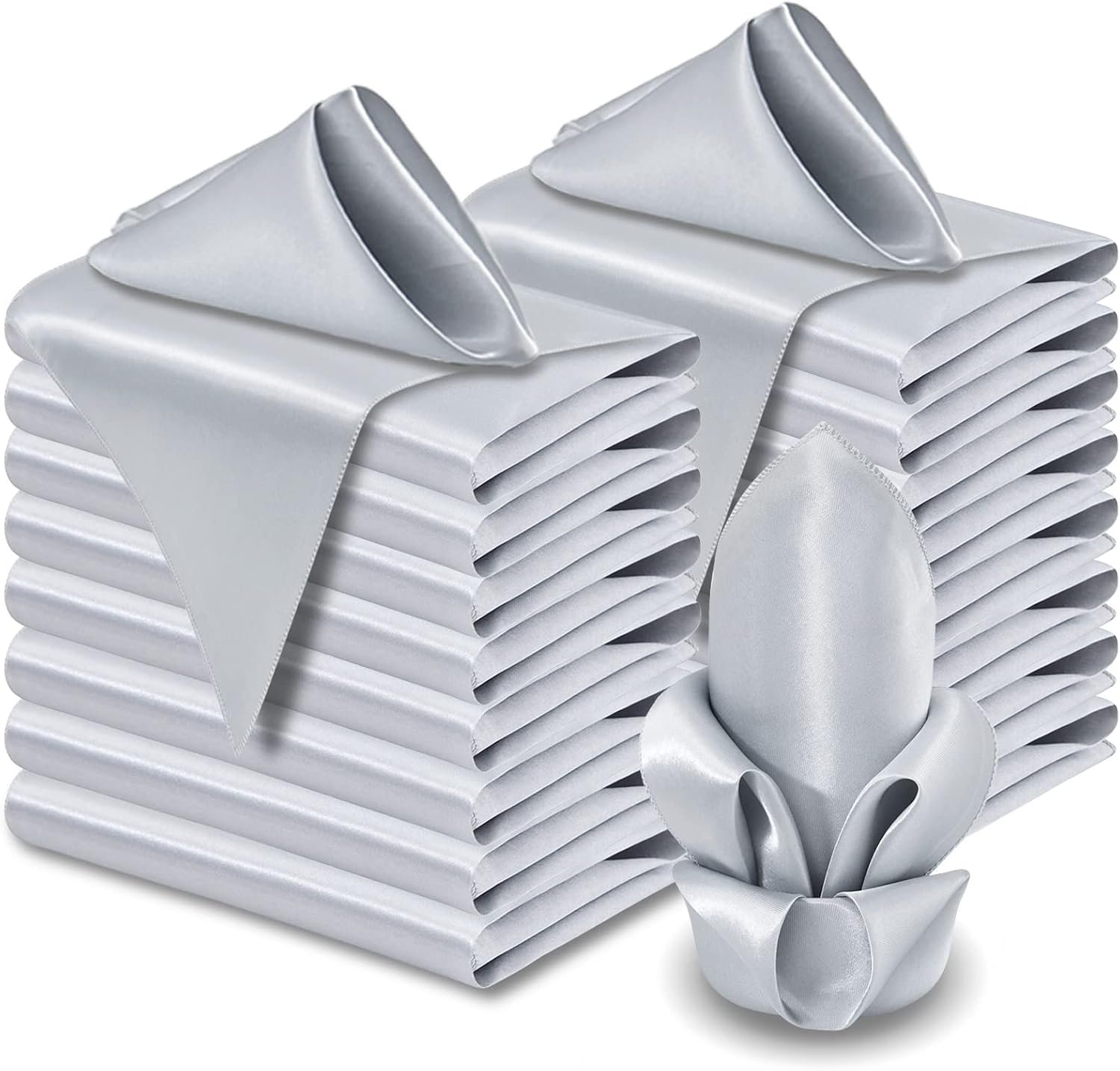 Aormenzy 60 Pack Silver Satin Napkins, 17 x 17 Inch Square Cloth Napkins for Wedding, Banquet, Party Decoration