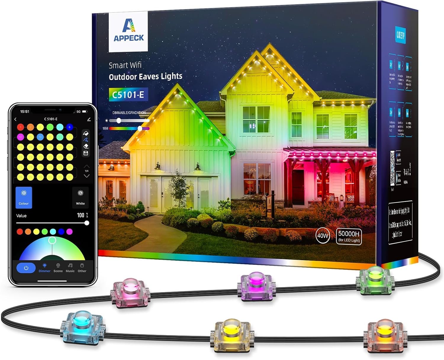 Permanent Outdoor Lights 100ft, RGB Outdoor Lights with 75 LED Bulbs | IP65 Waterproof, 54 Scene Modes, Timer Function, All-Season Eaves Lights for House, Party, Compatible with Alexa, Google