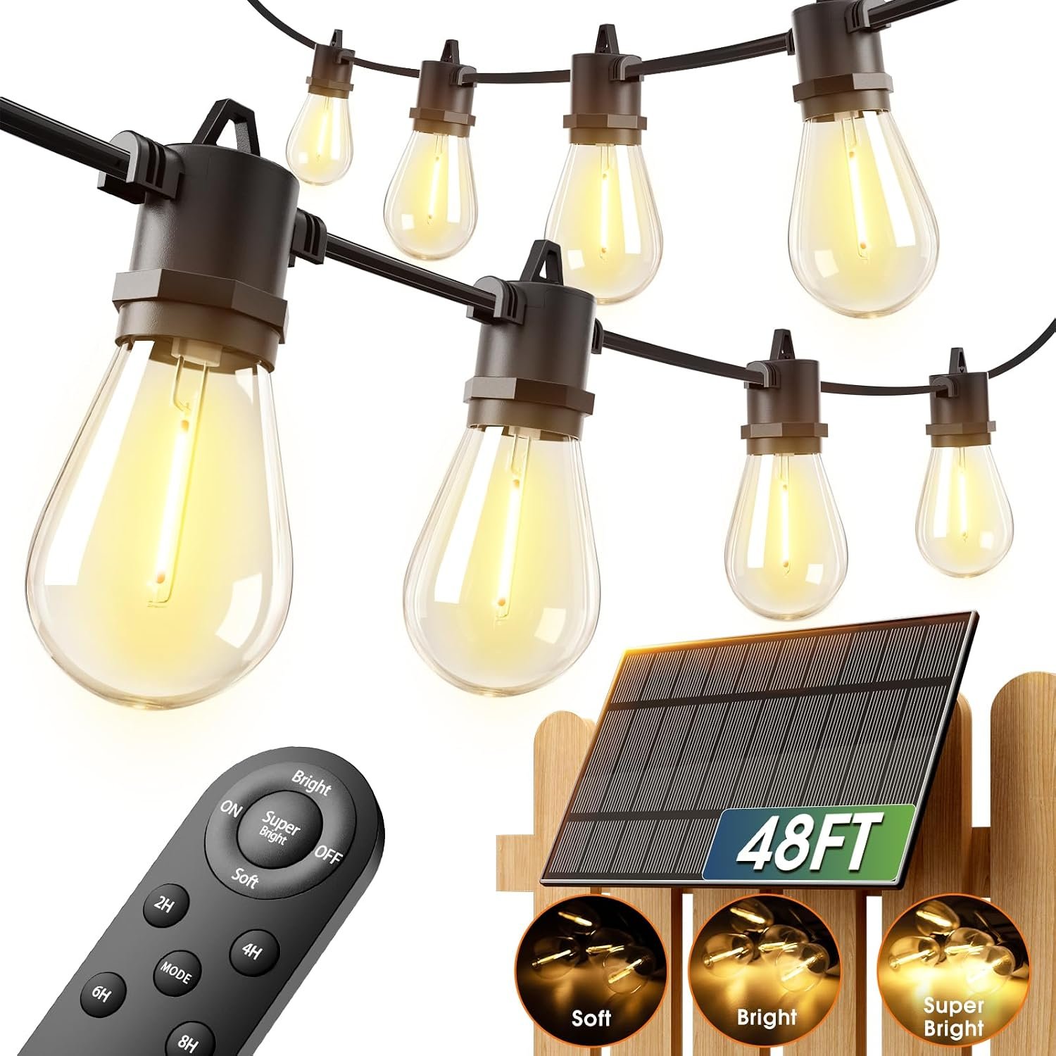 addlon 54FT Solar String Lights Outdoor Waterproof with USB Charging & Remote Control – Dimmable Solar Power Patio Lights with 26 LED Bulbs for Porch, Garden, Yard, Market, Bistro – Lasts 20+ Hrs