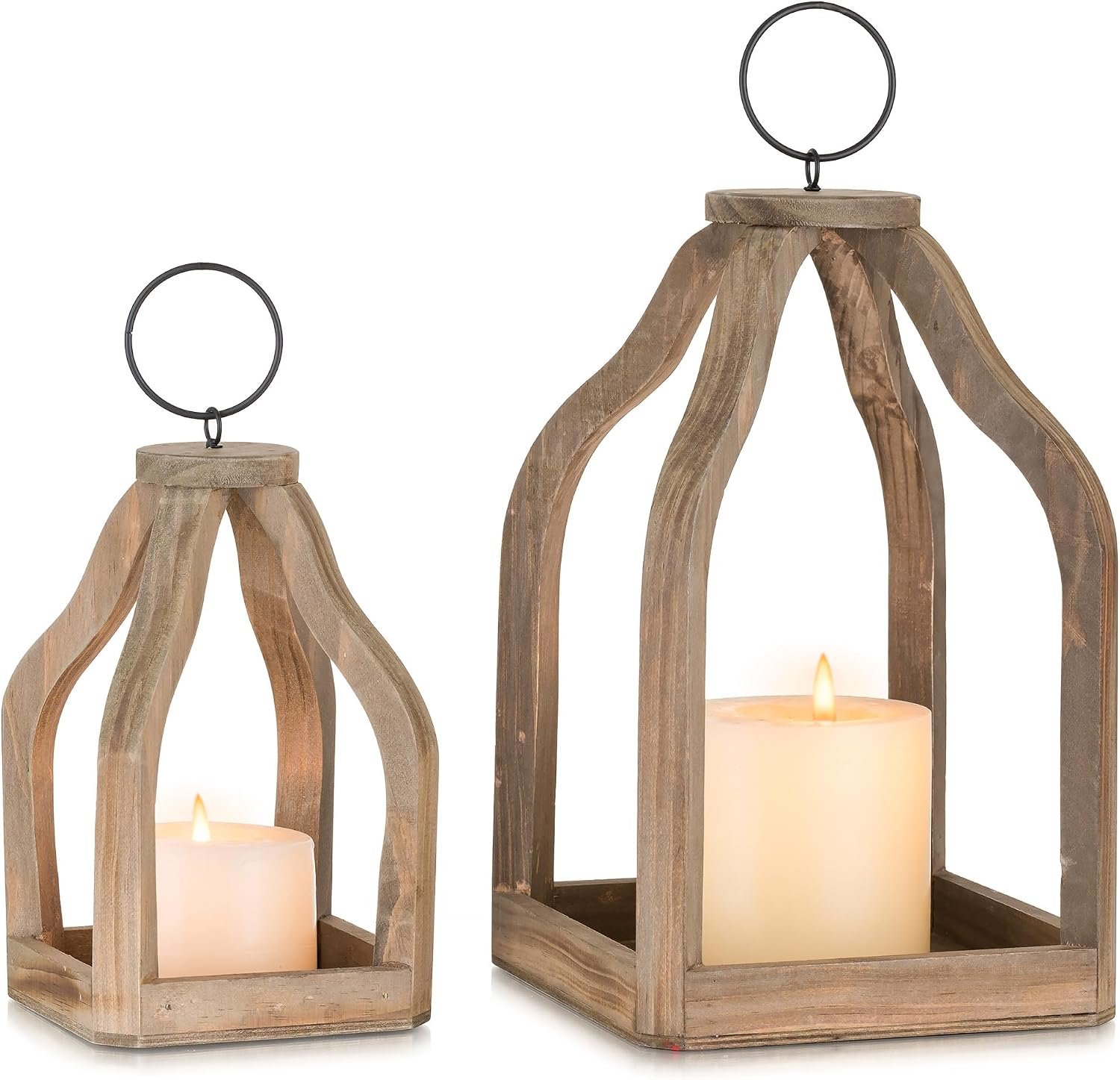 Wood Lantern Decorative Indoor, Set of 2 Farmhouse Candle Holder | 11″ & 8″ Rustic Brown Hanging Lanterns, Fall Home Decor for Fireplaces, Mantels, Shelves, Tabletop, Porches, and Weddings