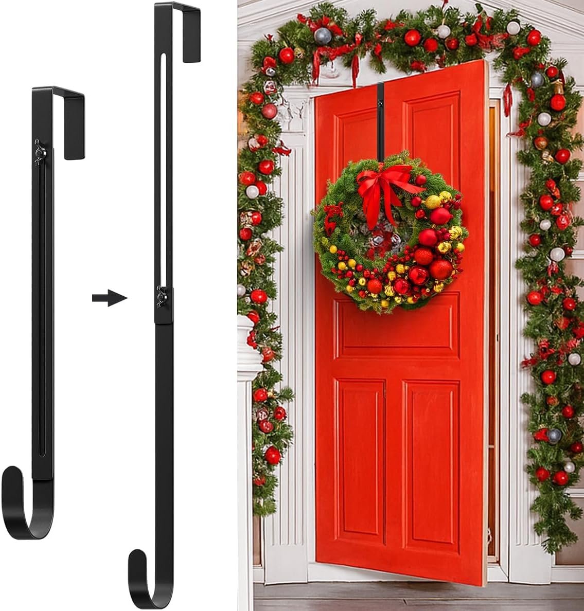 Metal Wreath Hanger for Front Door, Adjustable Wreath Hanger from 12-20″ | Single Hook, Heavy Duty, Holds up to 20 lbs, Over-the-Door Hook for Hanging Easter, Halloween, Fall, Christmas Decorations