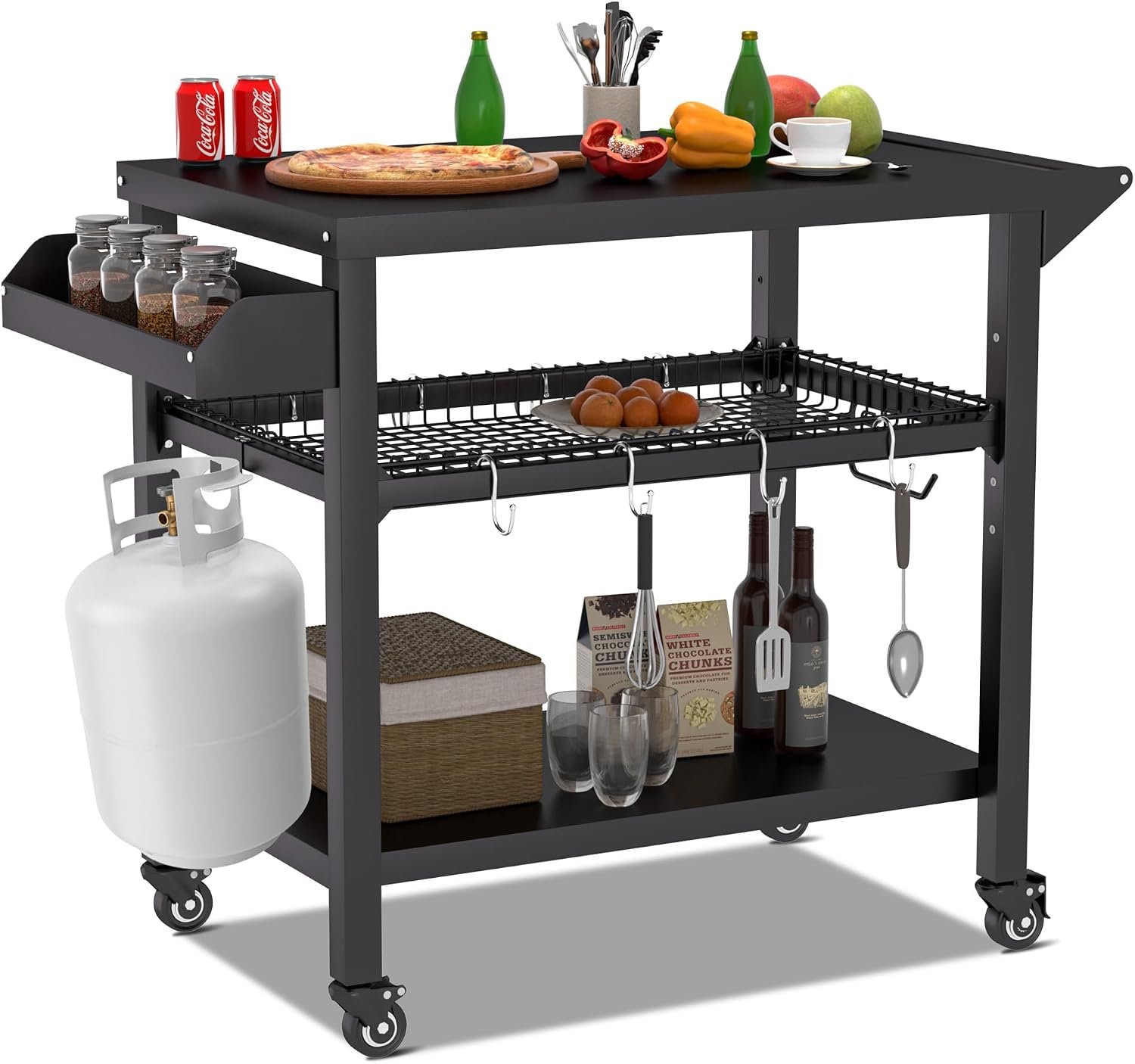 Spurgehom Outdoor Grill Cart, Pizza Oven Stand Table with Wheels | Dining Cart for Outside Patio, Movable Kitchen Cooking Prep Table BBQ Cart with Mesh Racks for Home Party, Bar, Camping