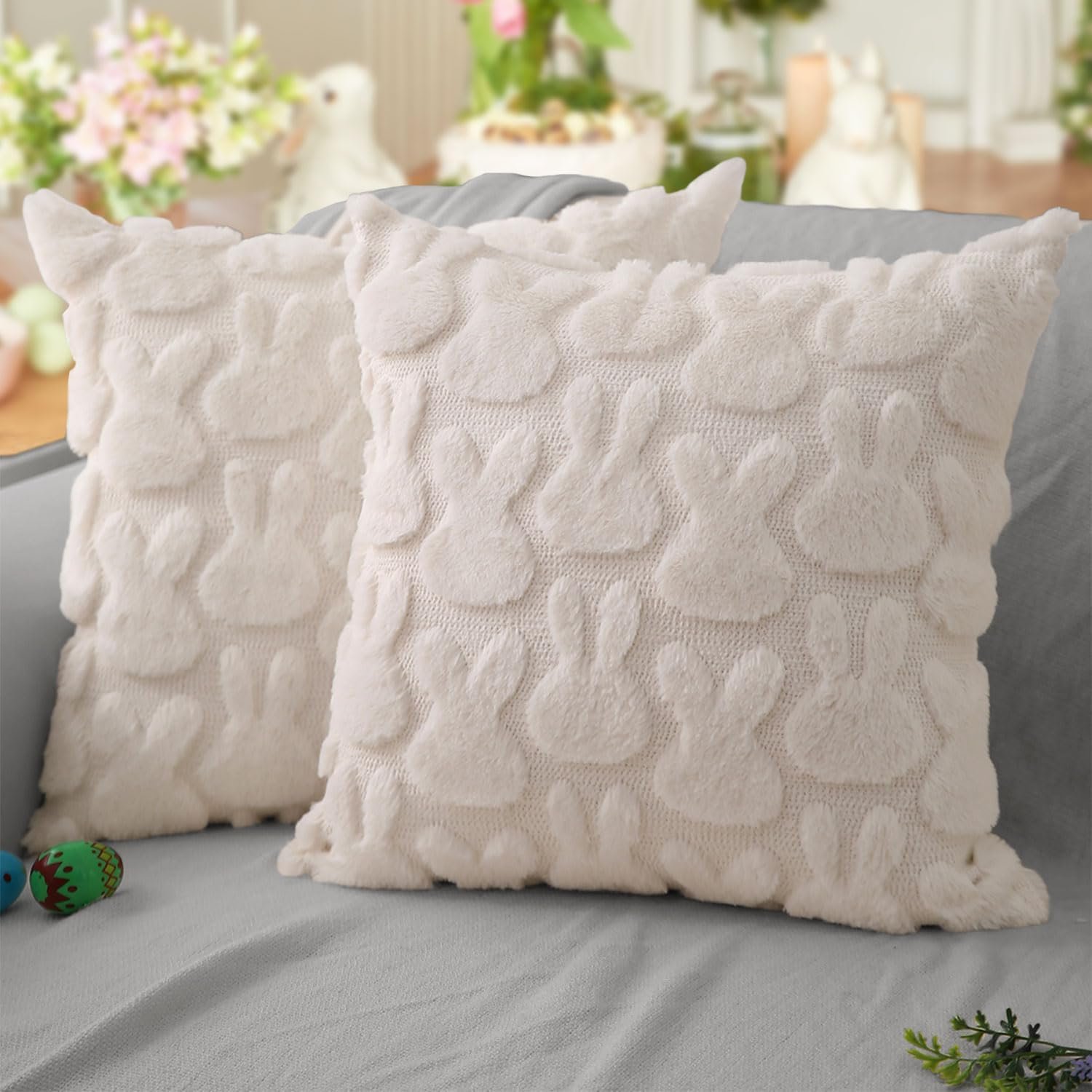 DFXSZ Easter Pillow Covers 18×18 inch Set of 2 Easter Decoration Cream White Rabbit Soft Plush Faux Fur Jacquard Throw Pillows for Bedroom Sofa Holiday Festivals Home Decor FHJ-010A18