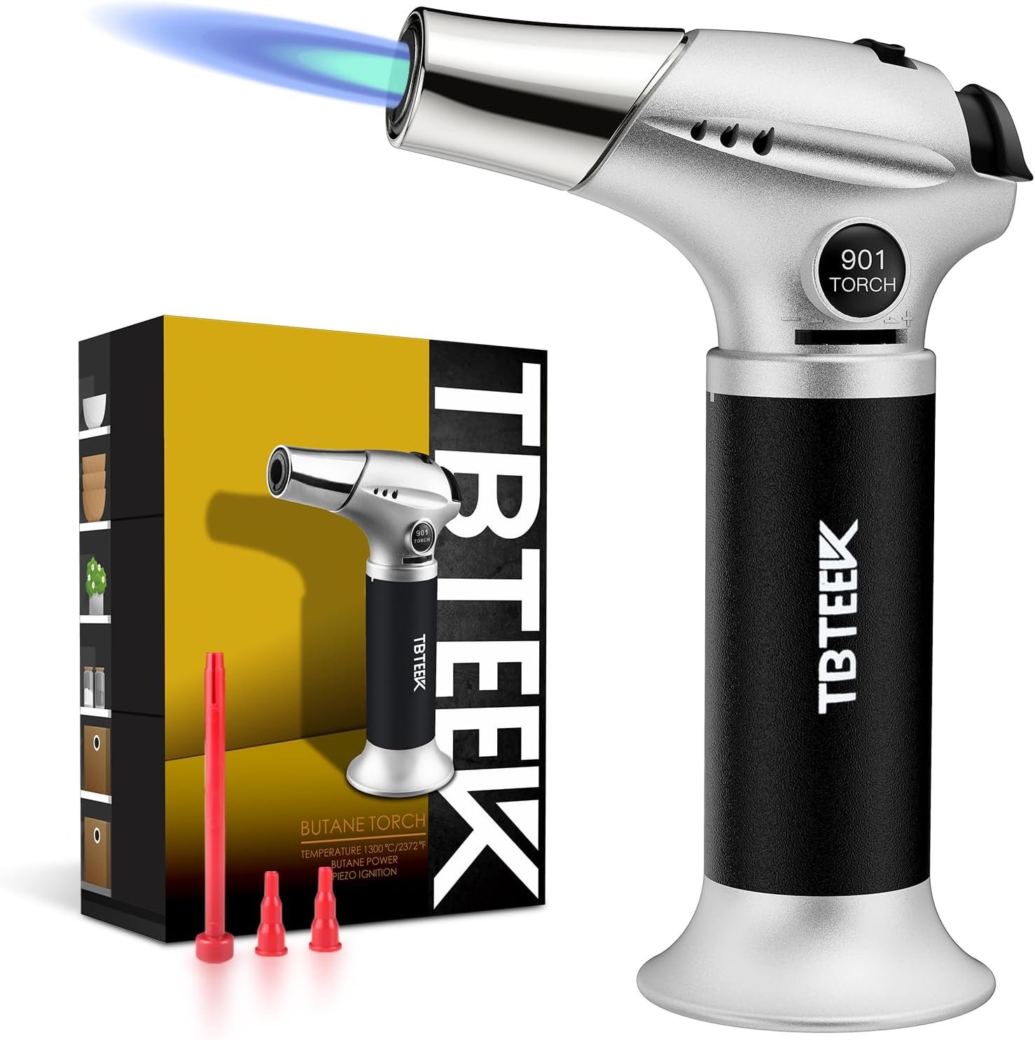 Kitchen Butane Torch with Safety Lock for Baking, Crafts & Steak | 2500°F Adjustable Continuous Flame, One-Button Piezo Ignition, Ergonomic Comfort Grip, 3 refill adapters(Butane Not Included)