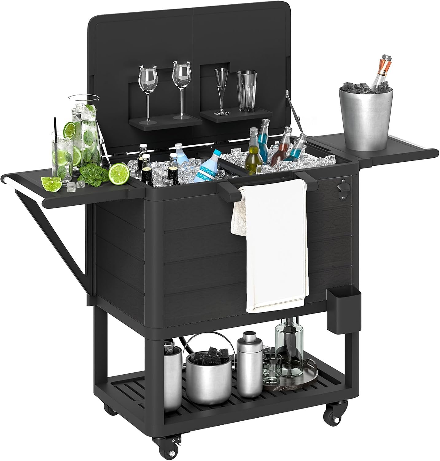Outsunny Patio Cooler with Wheels, 104 Quart Large Capacity Rolling Ice Chest with Bottle Opener and Shelves, Outdoor Beverage Bar Cart with Handles for Pool Deck BBQ Cookouts Party