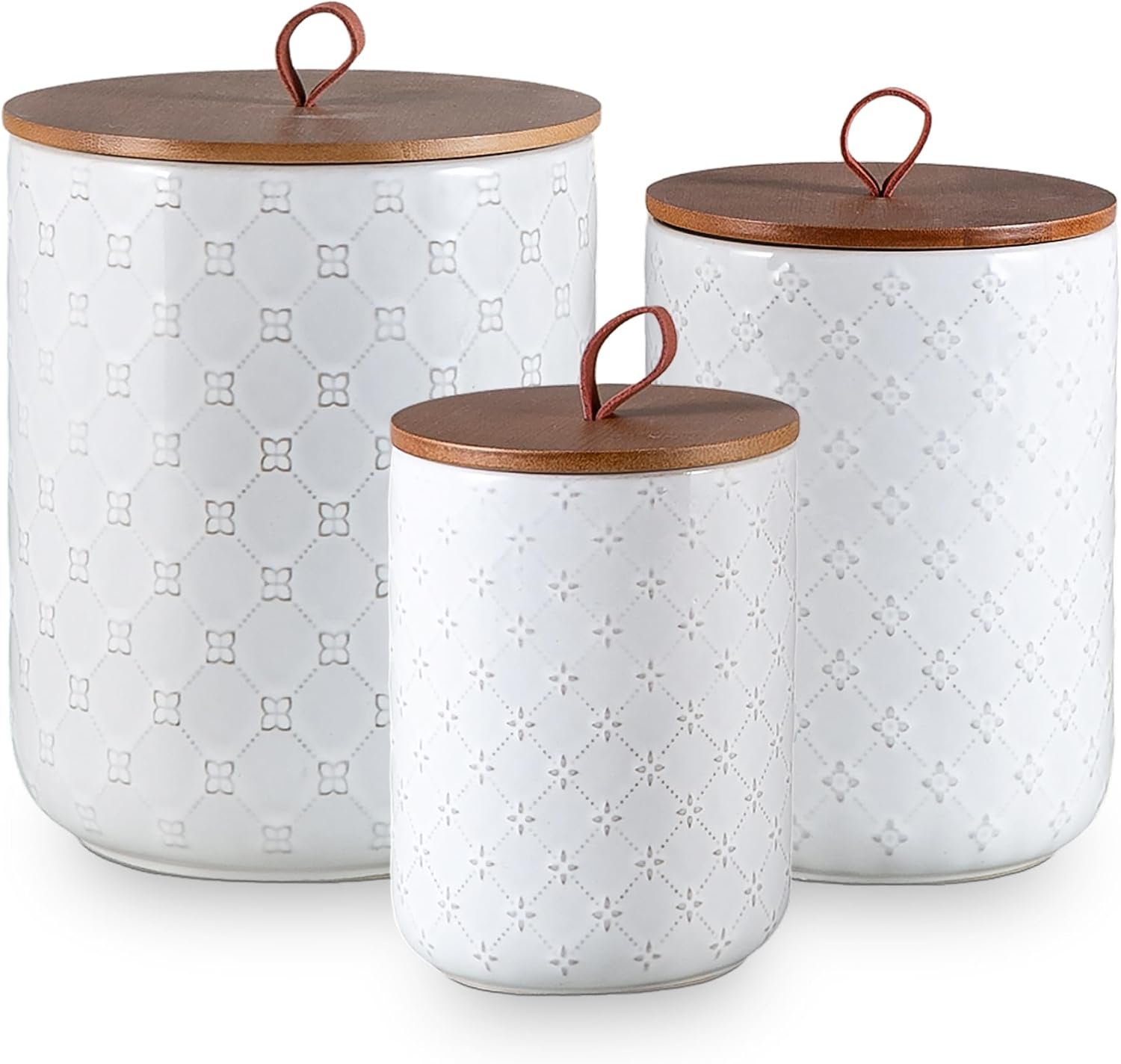 White Ceramic Canisters Set with Airtight Lids, 82/48/30 oz Coffee Canisters Sets for the Kitchen, Large Jars for Flour, Sugar, Pasta, Coffee, Cookies, Tea – Set of 3, Embossed Pattern