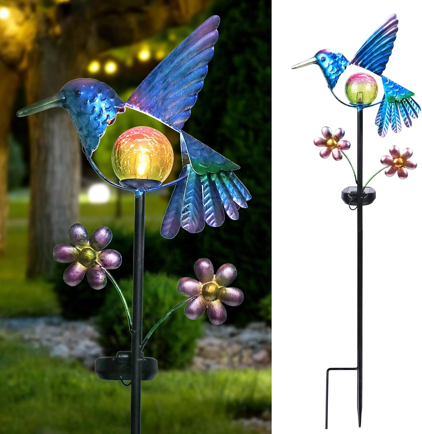 Afirst Solar Garden Stake Lights – Outdoor Waterproof Decorative Solar Hummingbird LED Warm Crackled Glass Globe Lights for Walkway, Pathway, Yard, Lawn