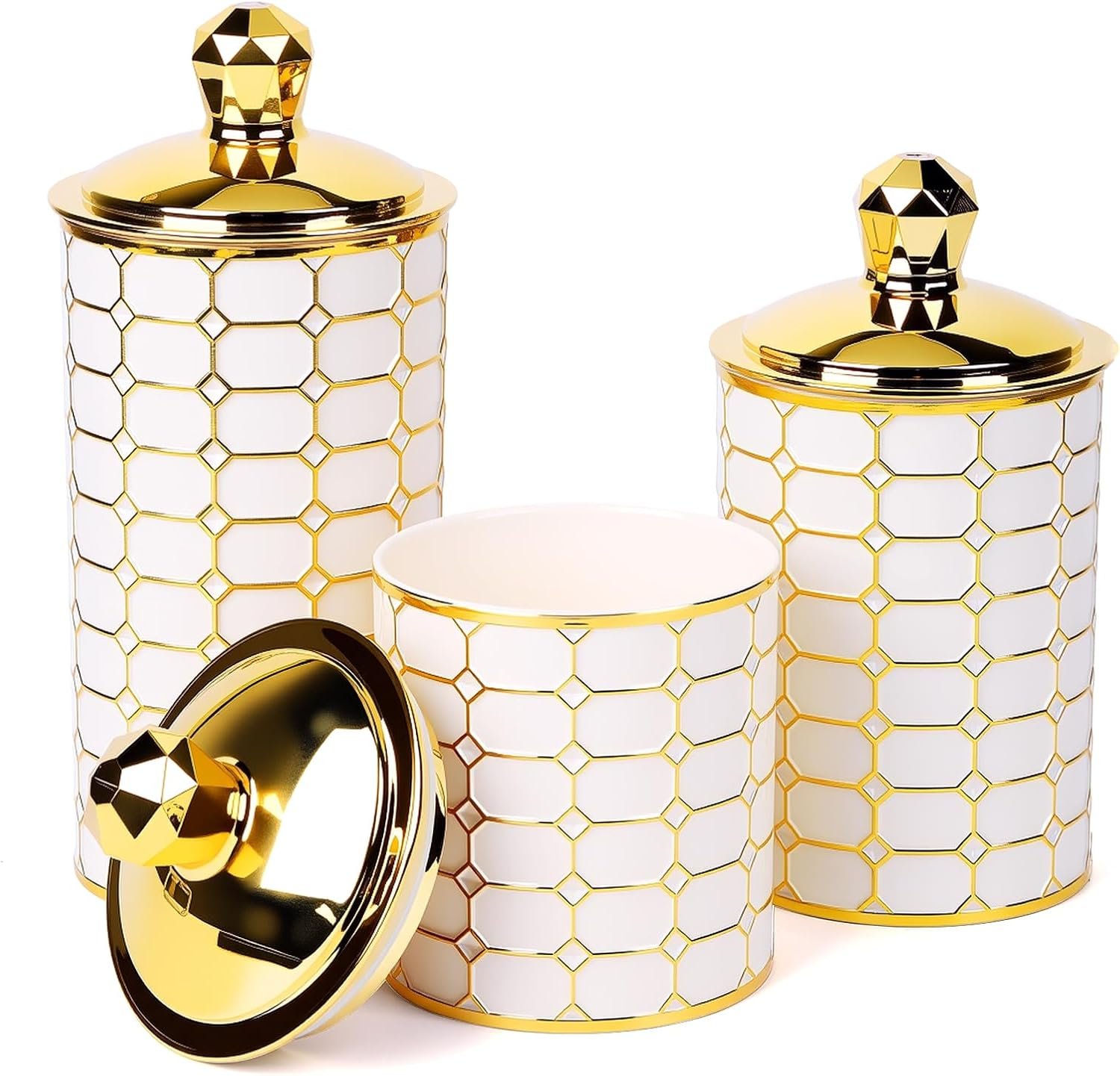 3-Piece Plastic Canister Set, Airtight Food Storage Containers for Kitchen Countertop & Pantry, BPA-Free Canisters for Flour, Sugar, Coffee, Tea, Golden Honeycomb Farmhouse Style Organizers