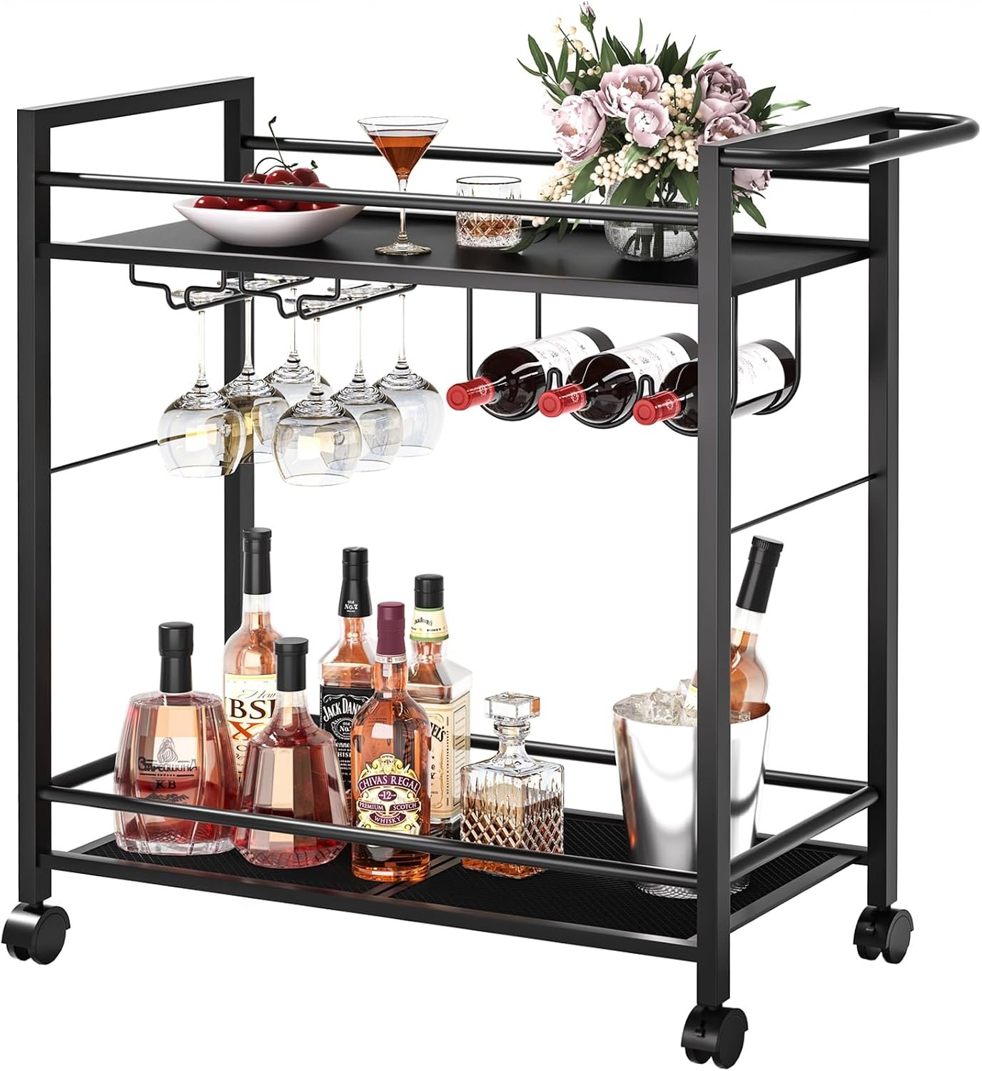 Joaxswe Bar Cart,Home Bar Serving Cart with Storage Shelves, 2 Tier Rolling Beverage Cart with Wheels, Modern Wine Cart with Wine Rack and Glass Holder for Kitchen, Living Room,Dinning Room,Black | 2 Tier Rolling Beverage Cart,Modern Wine Cart w/ Wine Rack and Glass Holder for Kitchen, Living Room,Dinning Room