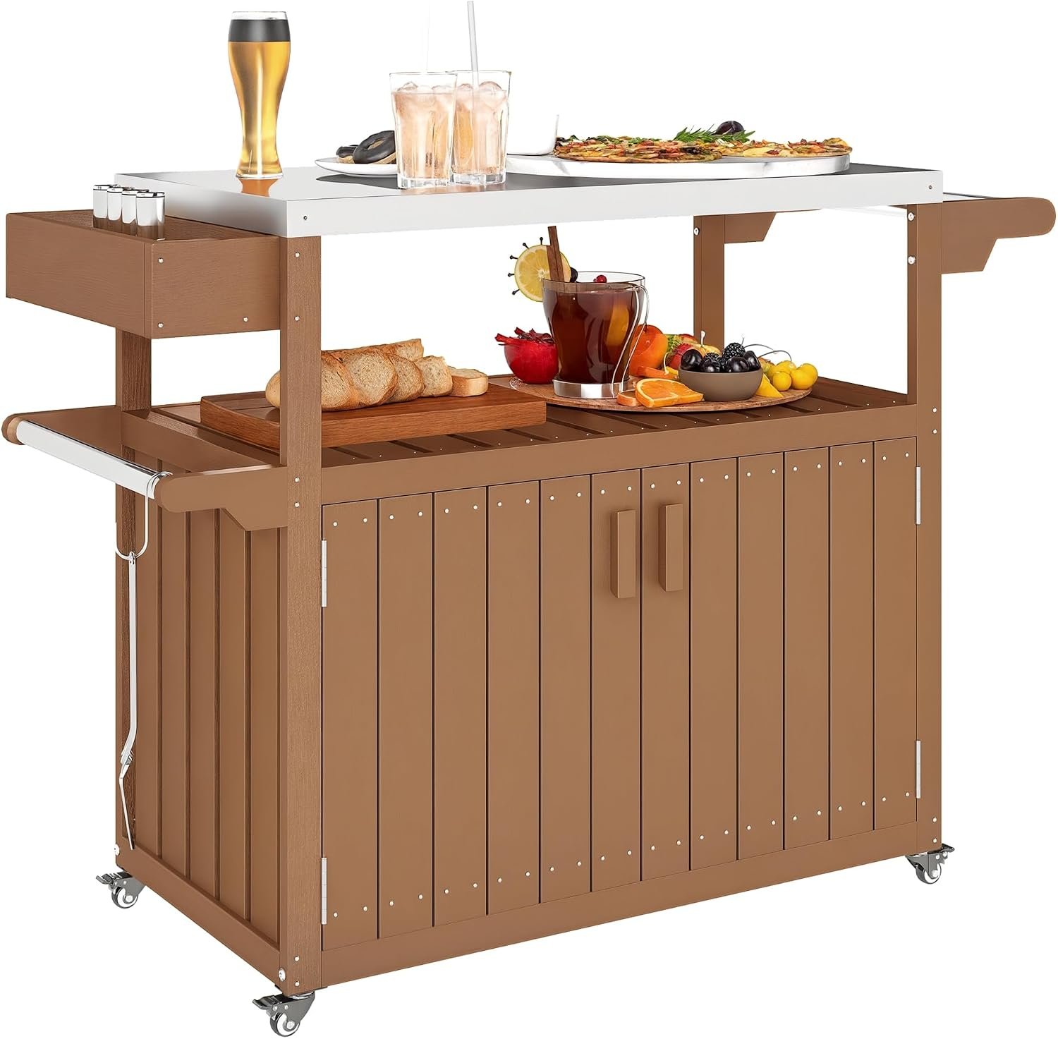 Outsunny Outdoor Bar Cart with Storage Cabinet Kitchen Island Brown | Stainless Steel Top, on Wheels, HDPE Outdoor Bar Table, Movable Patio Beverage Food Prep Table, for BBQ Picnic