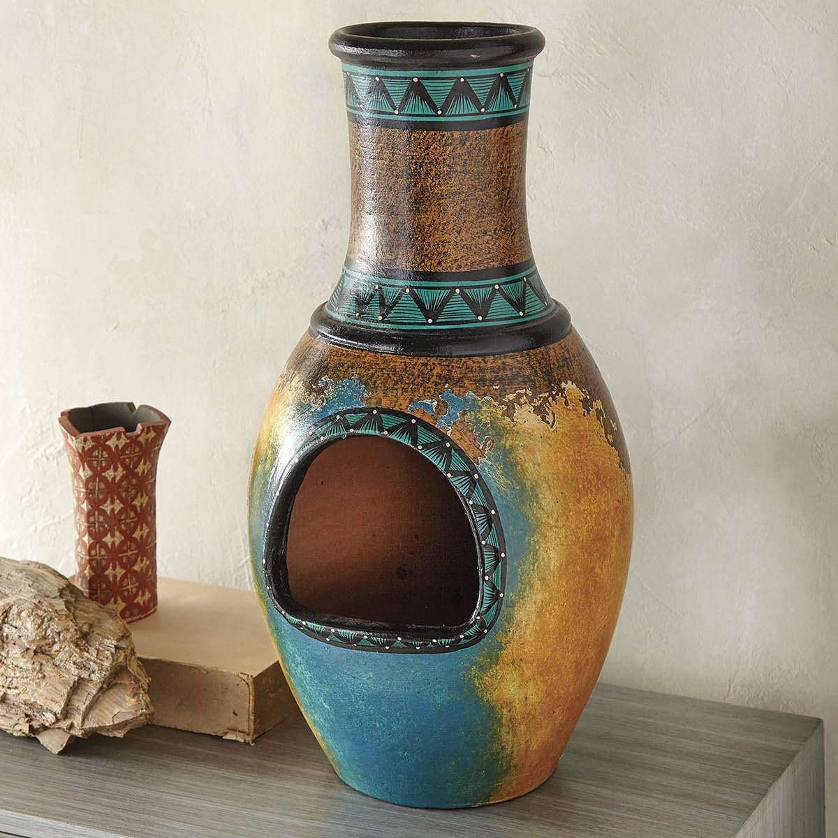 BLACK FOREST DECOR Native Skies Clay Chimenea – Hand Painted Tealight Holder – Turquoise and Gold Southwest Décor – 18″ H
