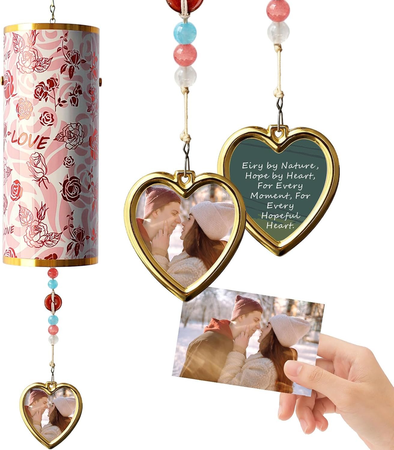 Rose Love Wind Chimes – Hand-Tuned Wind Bell with Heart Frame, Rich Resonance Memorial Windchime for Sympathy Gift, Valentine’s Day/Anniversary/Wedding Gifts, Rust-Proof Outdoor Garden Décor