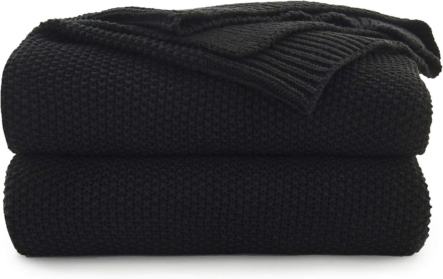 Black Cotton Cable Knit Throw Blanket for Couch Sofa Chair Bed Home Decorative, 2.5 Pounds 50 x 60 Inch Lightweight Woven Throw Blankets with Bonus Laundering Bag, Machine Wash