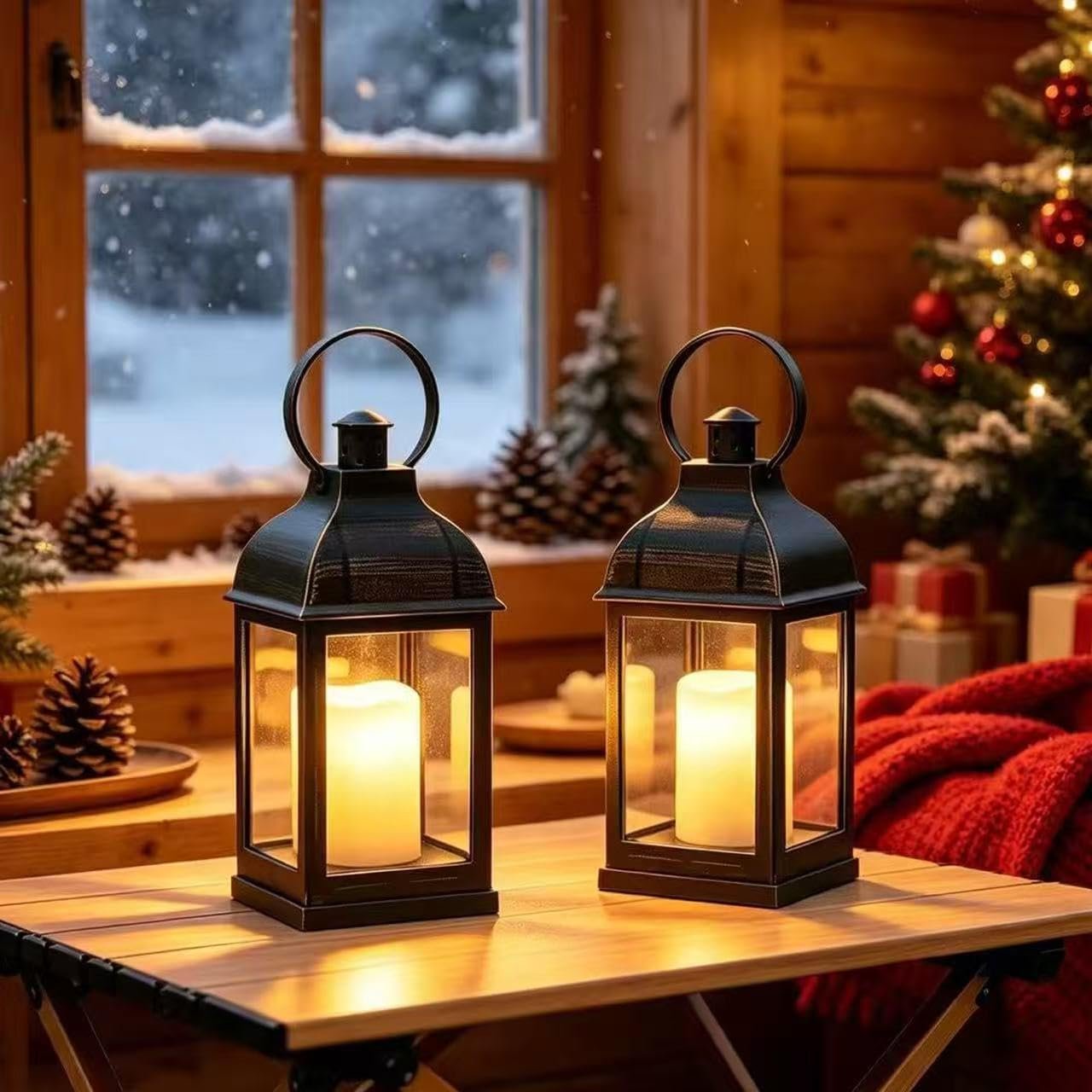 WRalwaysLX 2pack Decorative Lantern with flameless LED Candle Light, ON/Off/Timer Candle with 6Hours, Outdoor/Indoor LED Lantern, Use AAA Battery(not Include) Bronze Plastic (4×9)