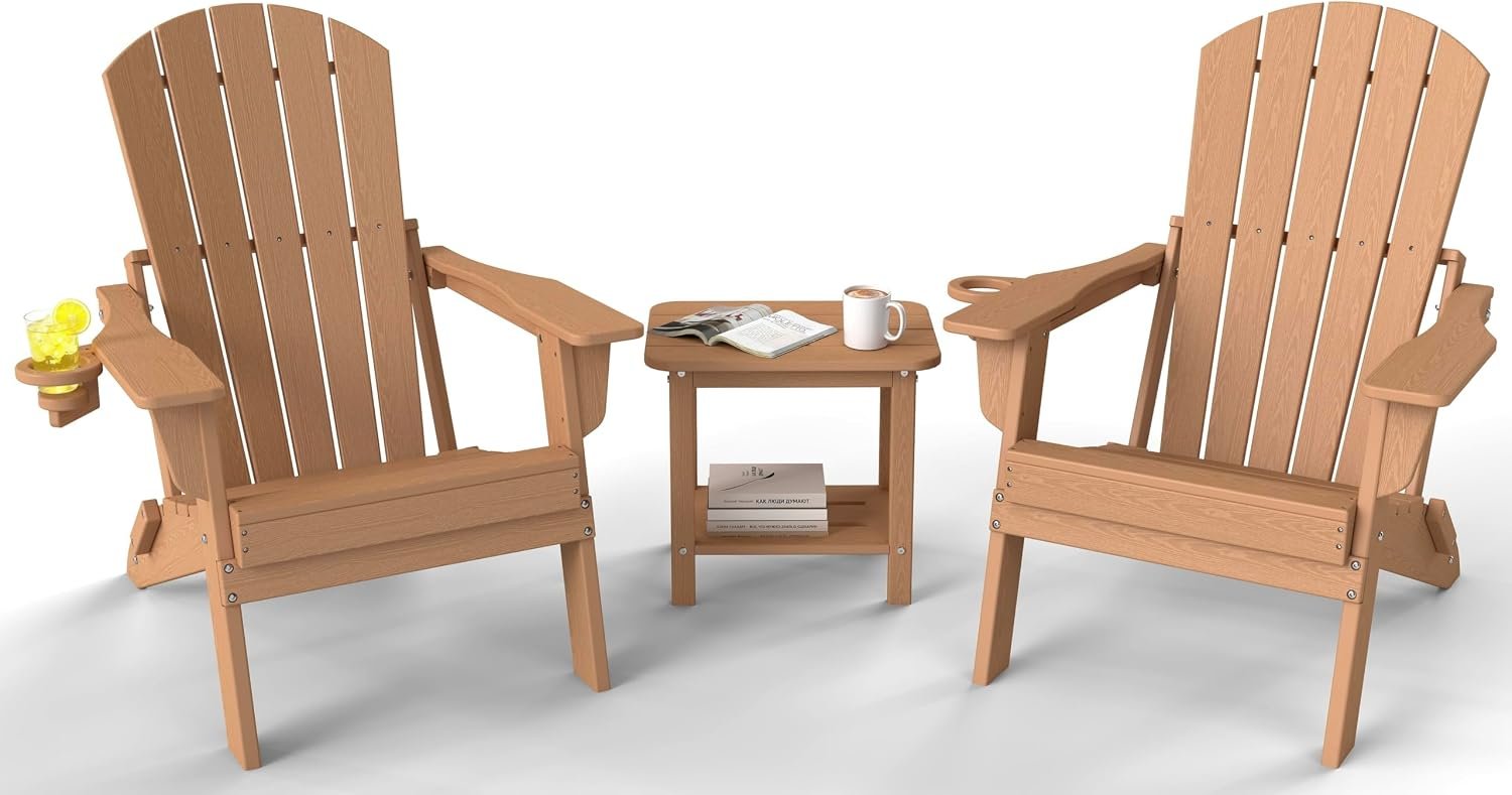 3-Piece Folding Adirondack Chair Set – 38″ Extra Tall Back & Embossed Wood Grain, Oversized HDPE Patio Furniture with Side Table & Cup Holders, 380lb Heavy Duty, Cedar