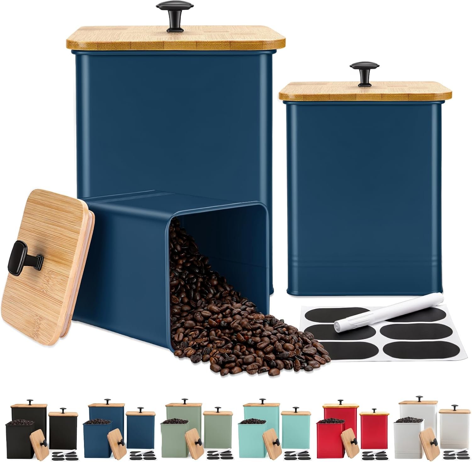 Kitchen Canisters Set of 3, Metal Flour Sugar Storage Containers with Airtight Lids-Canisters Sets for Kitchen with Customizable Chalkboard Labels & Marker Pen-Spice, Coffee Storage Jars(Dark Blue)
