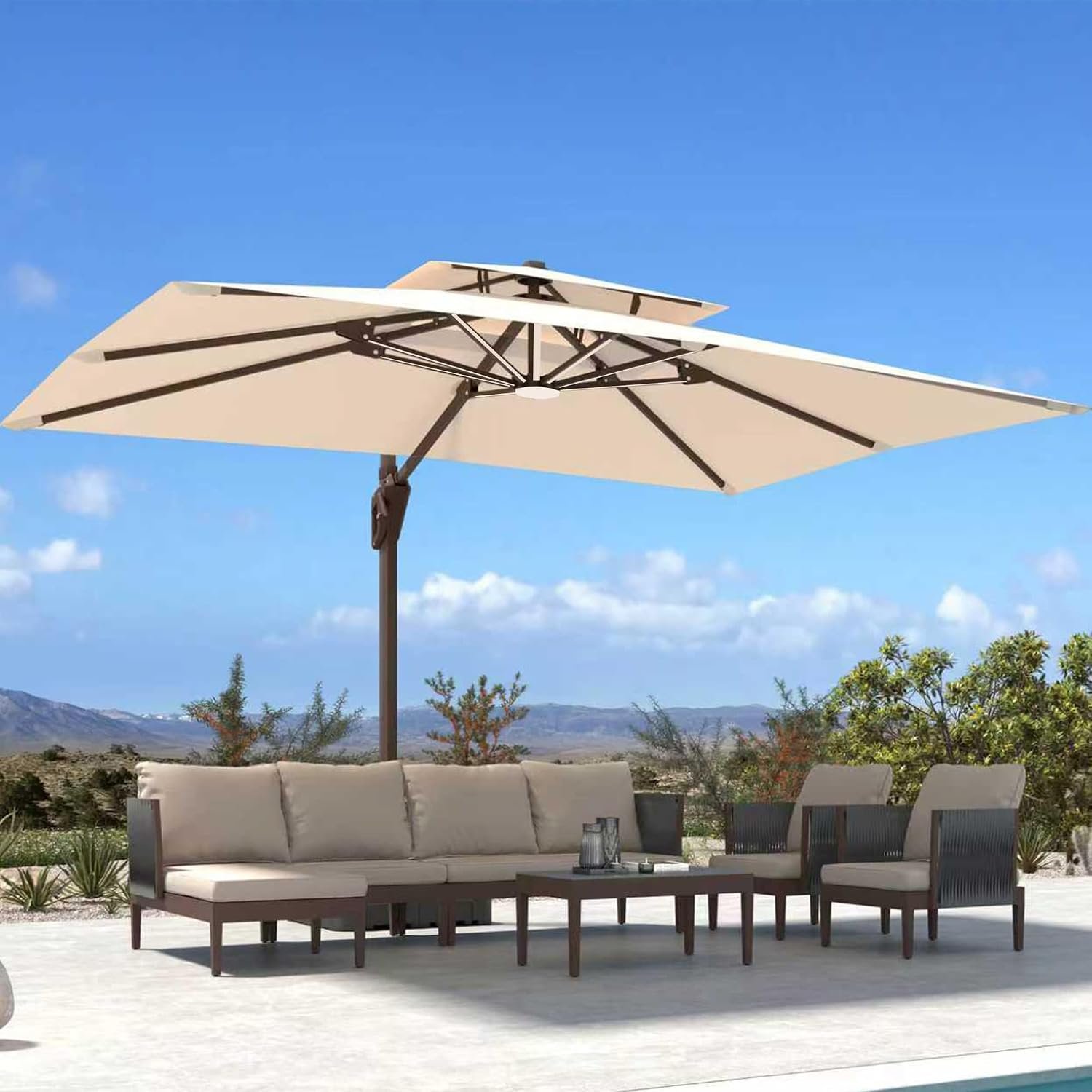 10′ X 13′ Patio Umbrella with Weighted Base and LED Lights Outdoor Cantilever Large Rectangle Offset Umbrellas Heavy Duty Aluminum Double Top with 360-degree Rotation for Pool Garden Deck, Beige