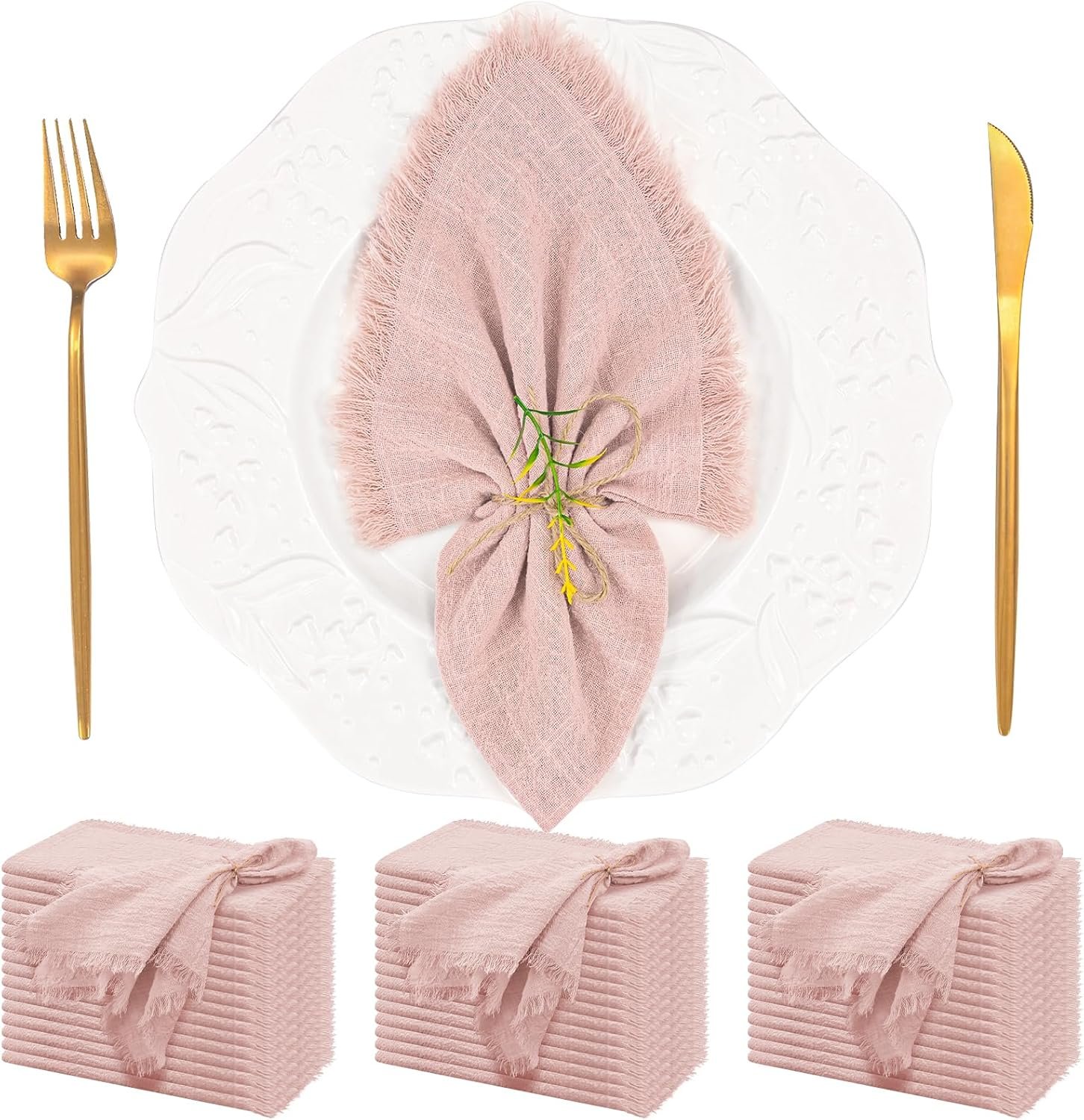 50 Pack Pink Handmade Cloth Napkins with Fringe, 16 x 16 Inch Cotton Linen Napkins, Rustic Reusable Washable Dinner Table Napkins Bulk for Wedding Bridal Baby Shower Party