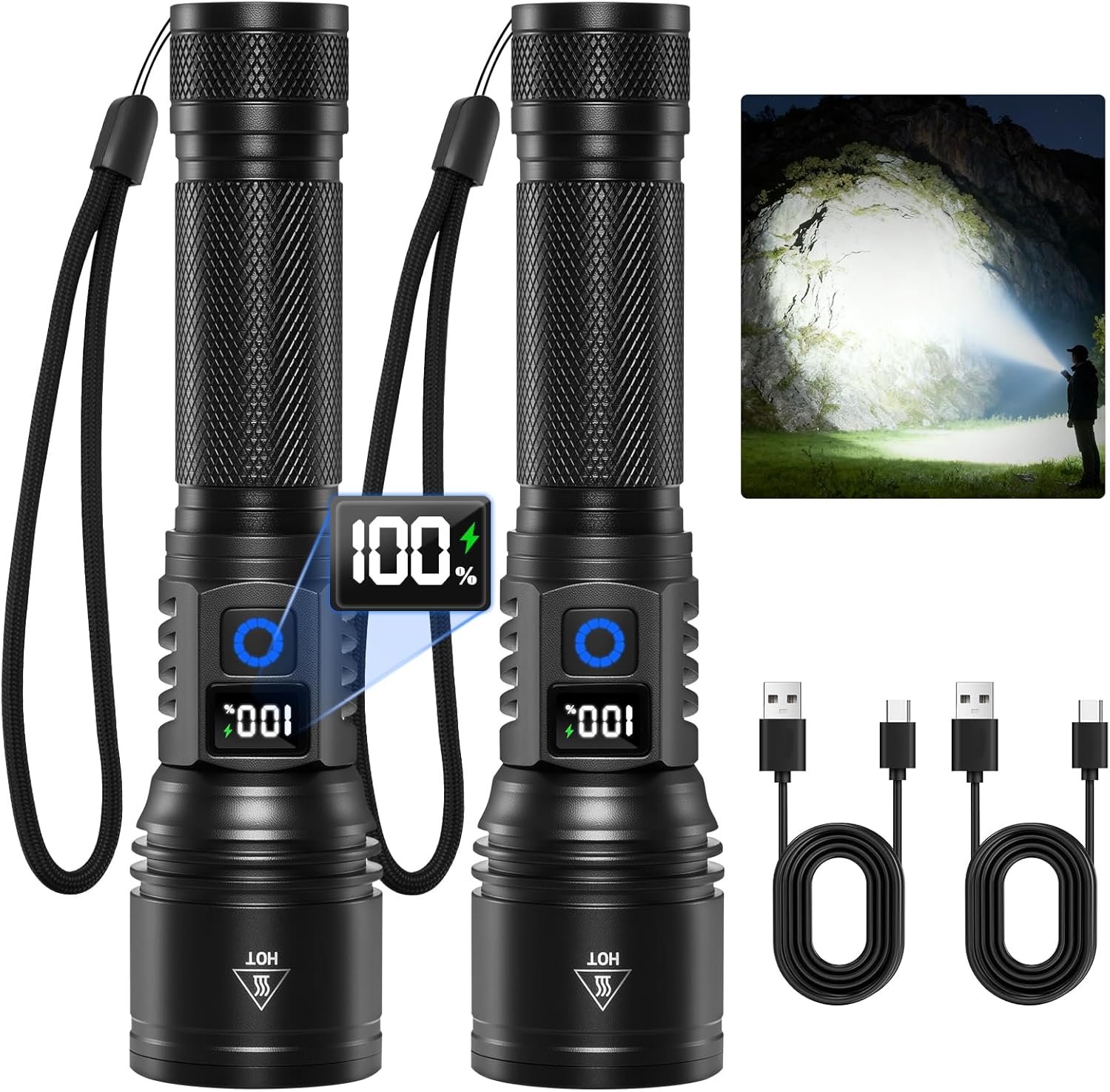 2Pack Rechargeable Flashlights High Lumens, Flash Light for Home | 700lm Super Bright with Digital, 5Mode Adjustable Tactical Design, Aluminum LED Powerful 12h Runtime, Waterproof for Camping