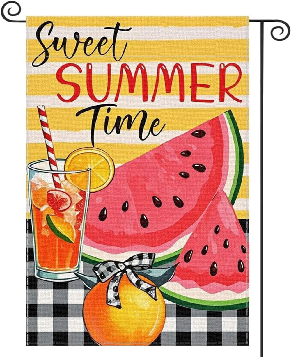 Sweet Summer Time Garden Flag Watermelon Buffalo Plaid 12×18 Inch Welcome Small Flags for Outside, Fruit Double Sided Burlap Juice Lemon Holiday Seasonal Banner Farmhouse Outdoor Yard Decoration