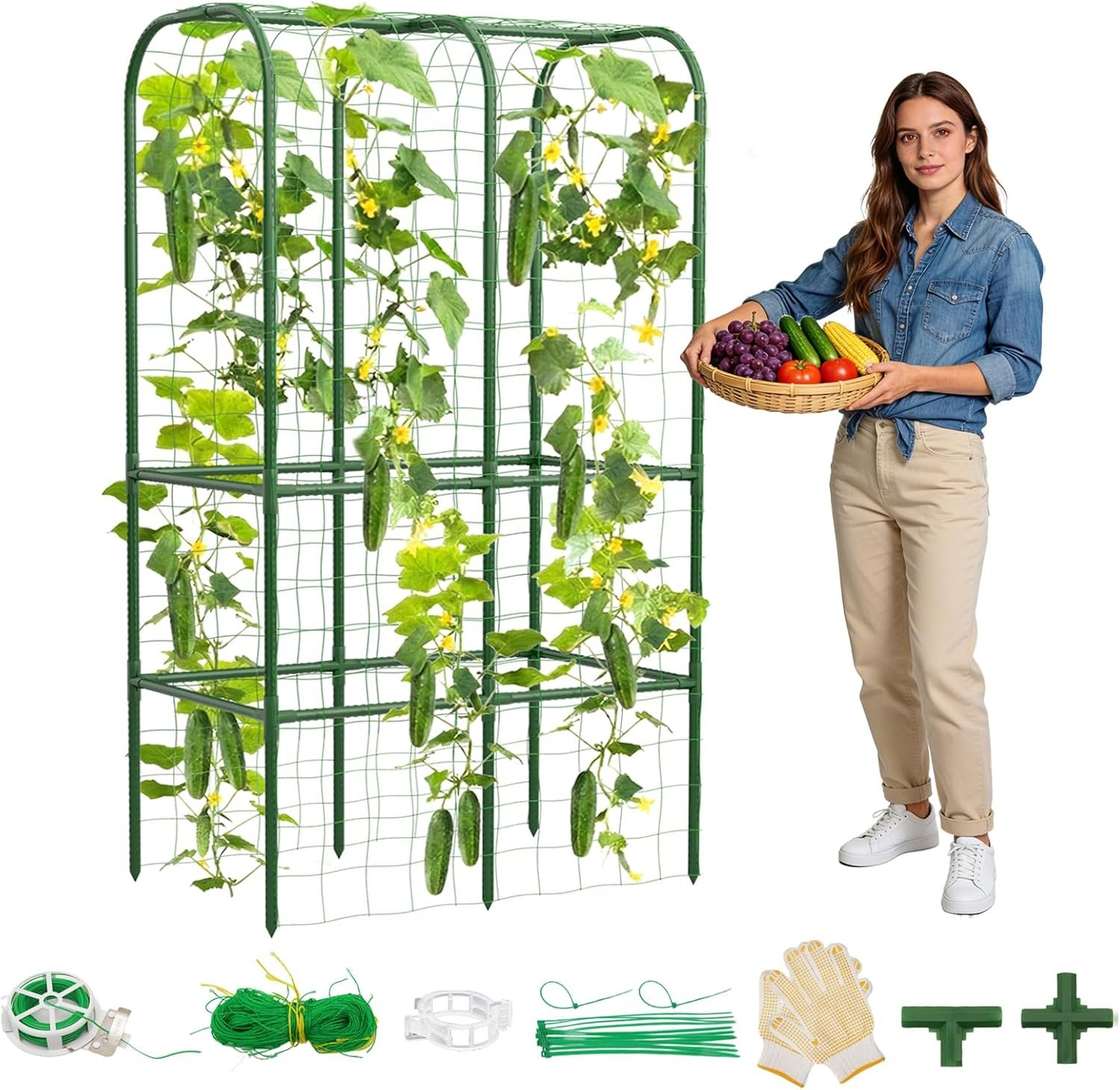 62″ Tall Cucumber Trellis for Raised Bed, Garden Trellis for Climbing Plants Outdoor, U-Shape Metal Arch Vegetables Trellis Plant Support for Zucchini Squash Vines