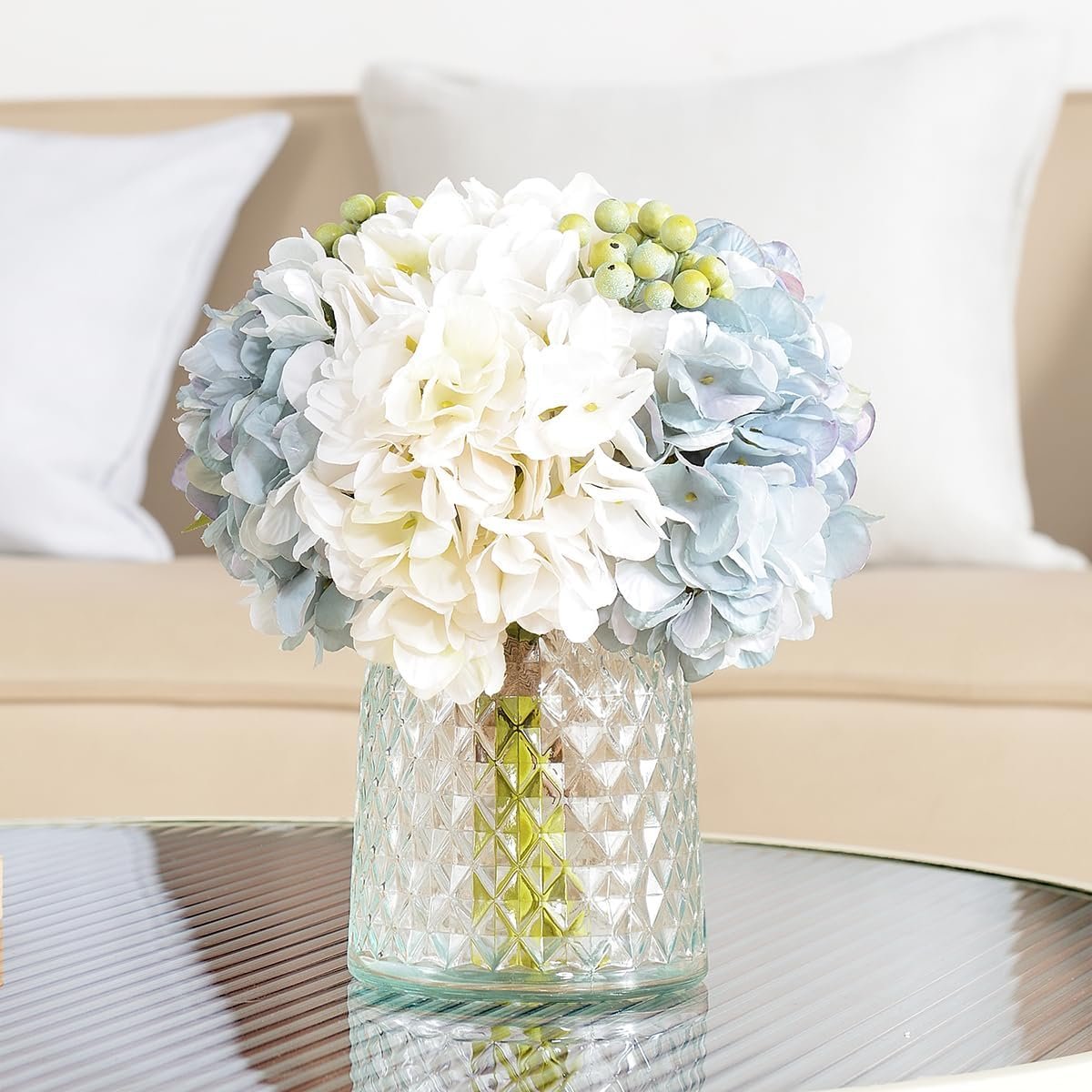 Wracra Hydrangeas Floral Arrangement in Glass Vase; Fake Flowers Blue | Silk Hydrangea Artificial Flowers with Vase; Realistic Faux Flowers Bouquet; Wedding Bride Shower;Blessing Gift, Home Decor