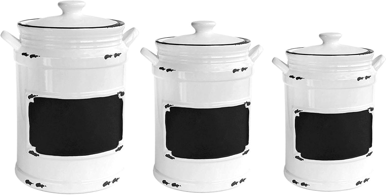 American Atelier Vintage Canister Set 3-Piece Ceramic Jars Chic Design with Lids for Cookies, Candy, Coffee, Flour, Sugar, Rice, Pasta, Cereal & More, 21x8x11, White with Black Distressing