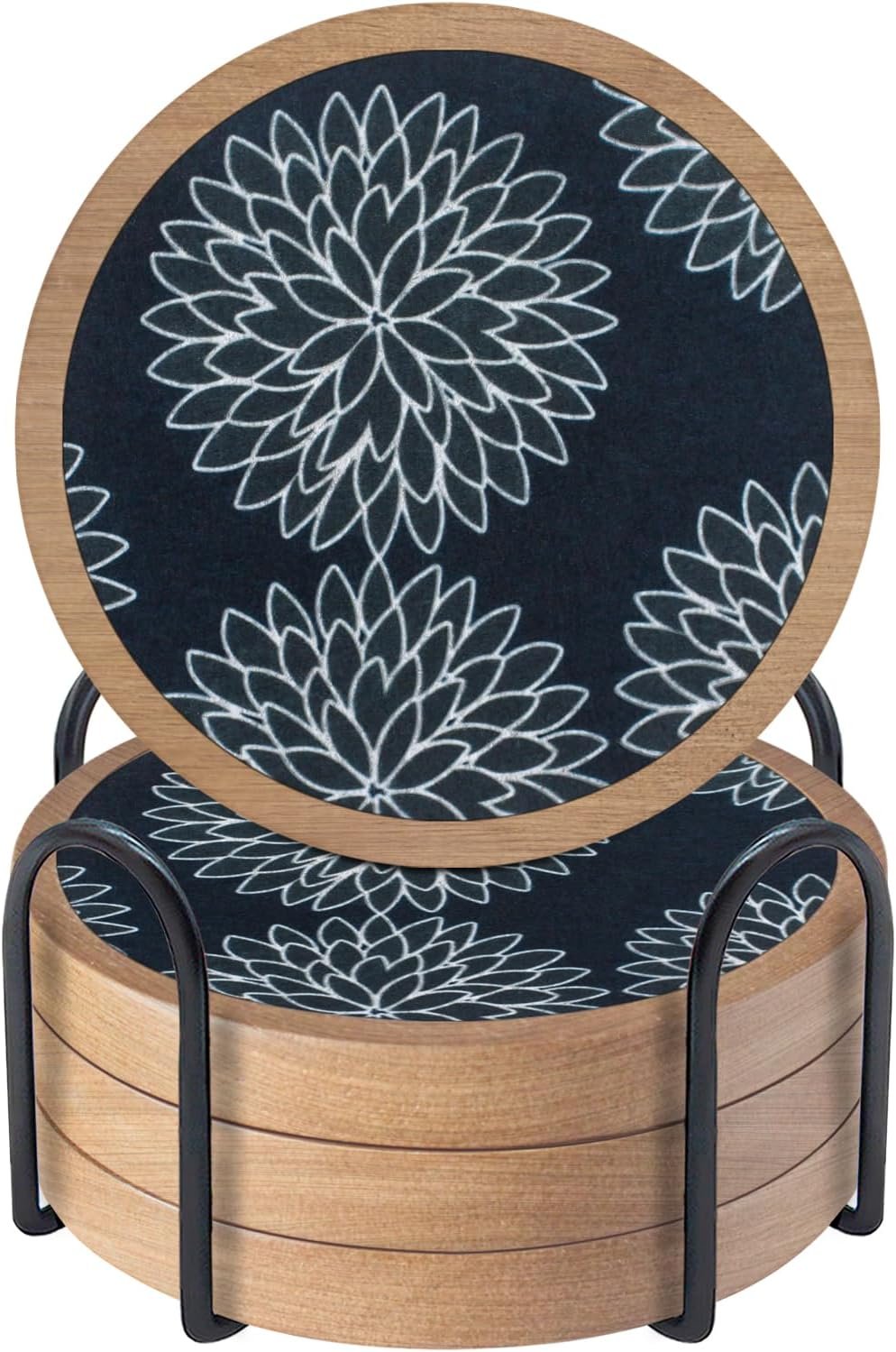 Wood Coasters Set of 4 with Holder, Cewiru Cup Mat for Drinks, Absorbent Coasters with Felt Insert for Coffee Table Protection, Modern Style Home Dining Table Decor, 4.3″ Black