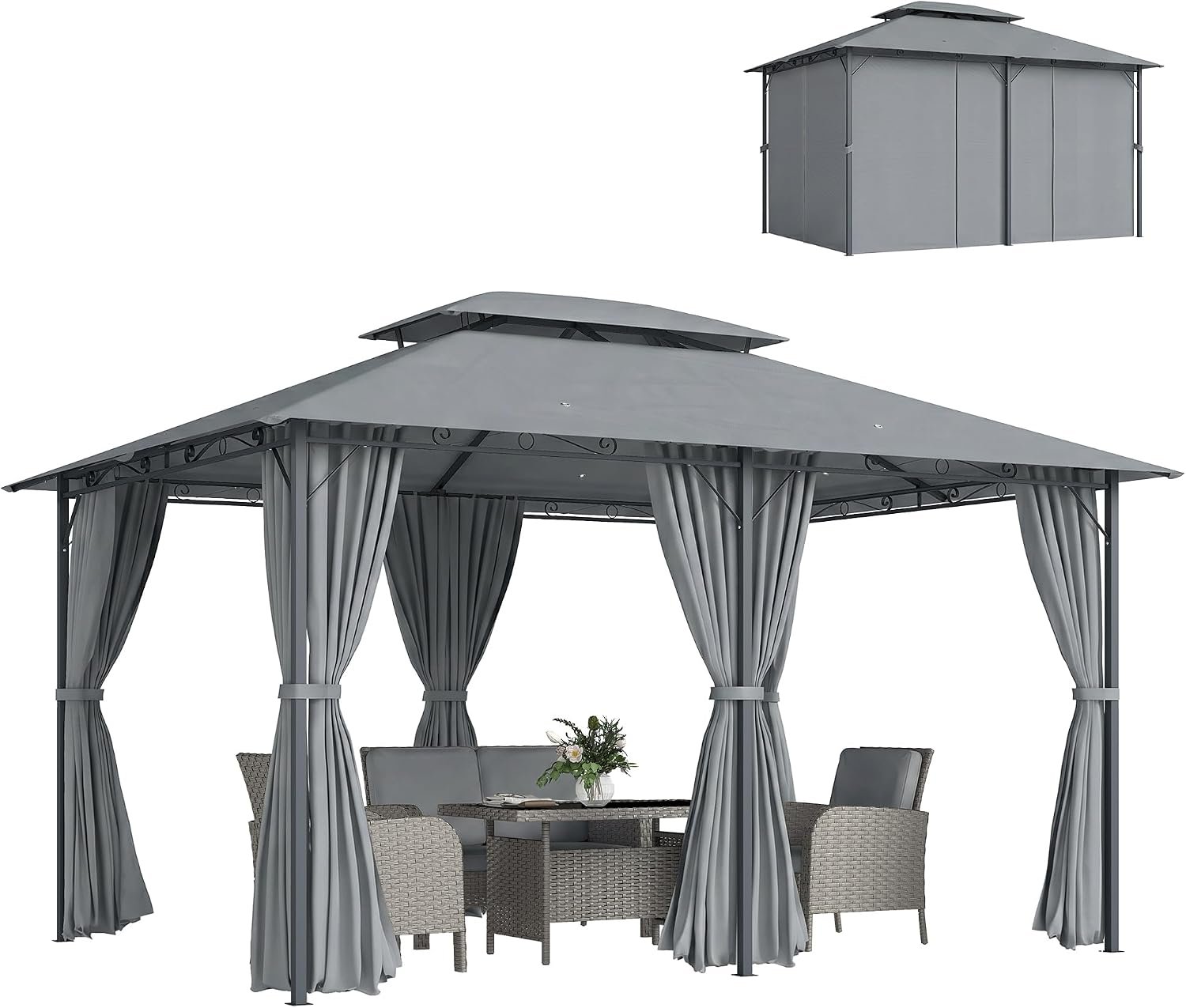 Outsunny 10′ x 13′ Patio Gazebo with Curtains for Backyard Sage Gray | Outdoor Gazebo Canopy Shelter, Vented Roof, Steel Frame, for Garden, Lawn, Deck