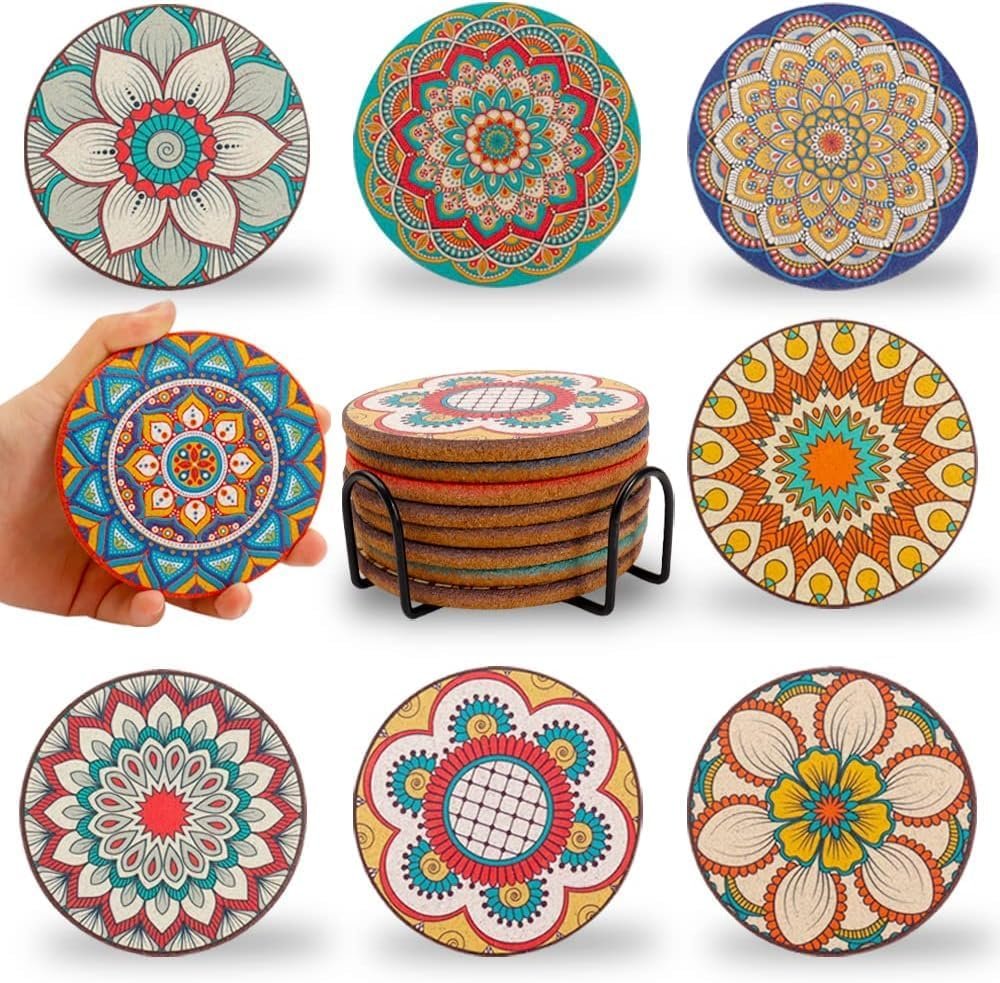 Coasters Set of 8 for Cup, Colorful Cork Drink Coaster with Holder | for Office Desk Table,Gift for Neighbor Worker Non-Slip Lightweight Heat Cool Resistant Color Boho Pattern Round 4 Inch