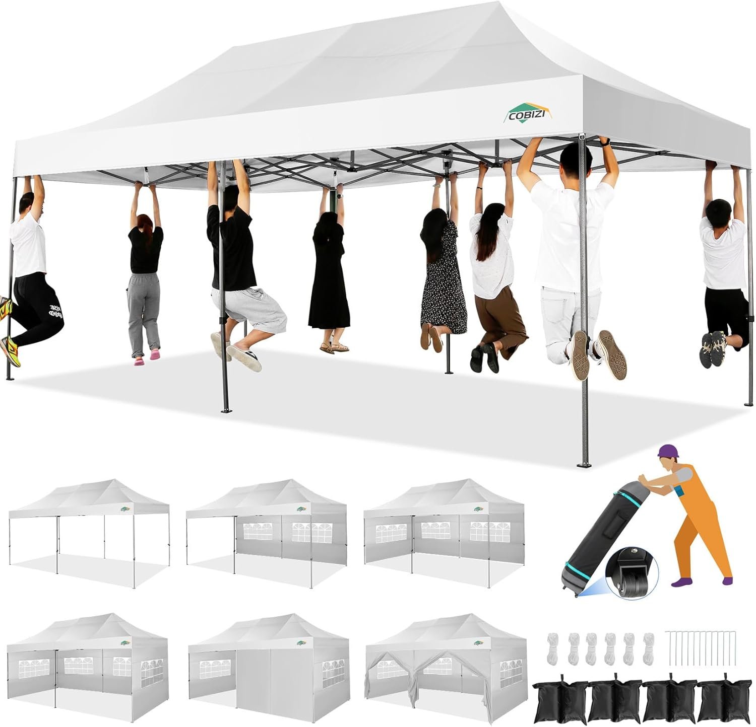 COBIZI 10×20 Heavy Duty Pop Up Canopy Tent with Sidewalls, Easy Up Canopy | Commercial, Outdoor Wedding Party Tents for Party, Waterproof Gazebo, All Season, with Roller Bag, Frame Thickened, White