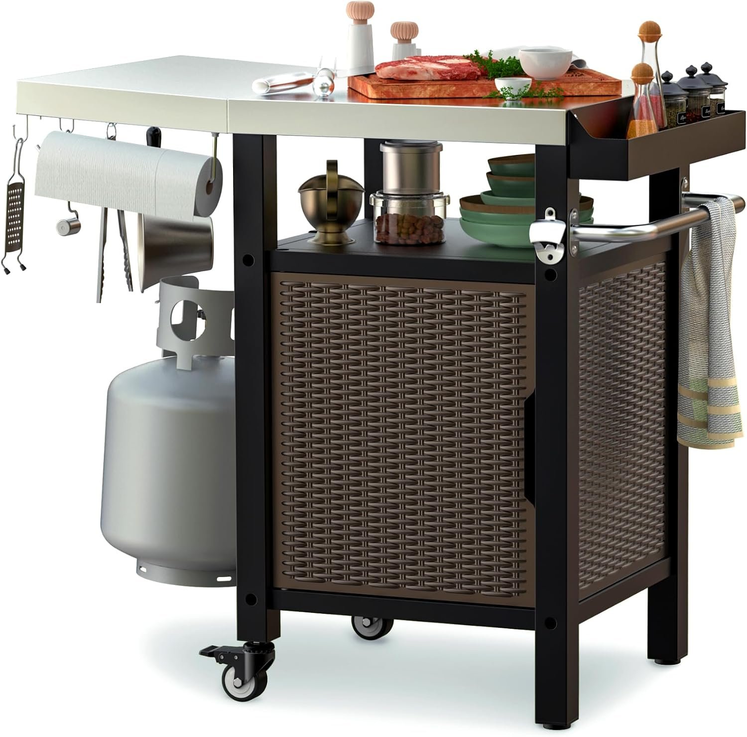 onlyfire 35 Inch Rolling Kitchen Island with XL Stainless Steel Top & Rattan Cabinet, Heavy-Duty BBQ Serving Cart for Indoor/Outdoor, Single Door Storage Worktable with Side Shelf & Wheels