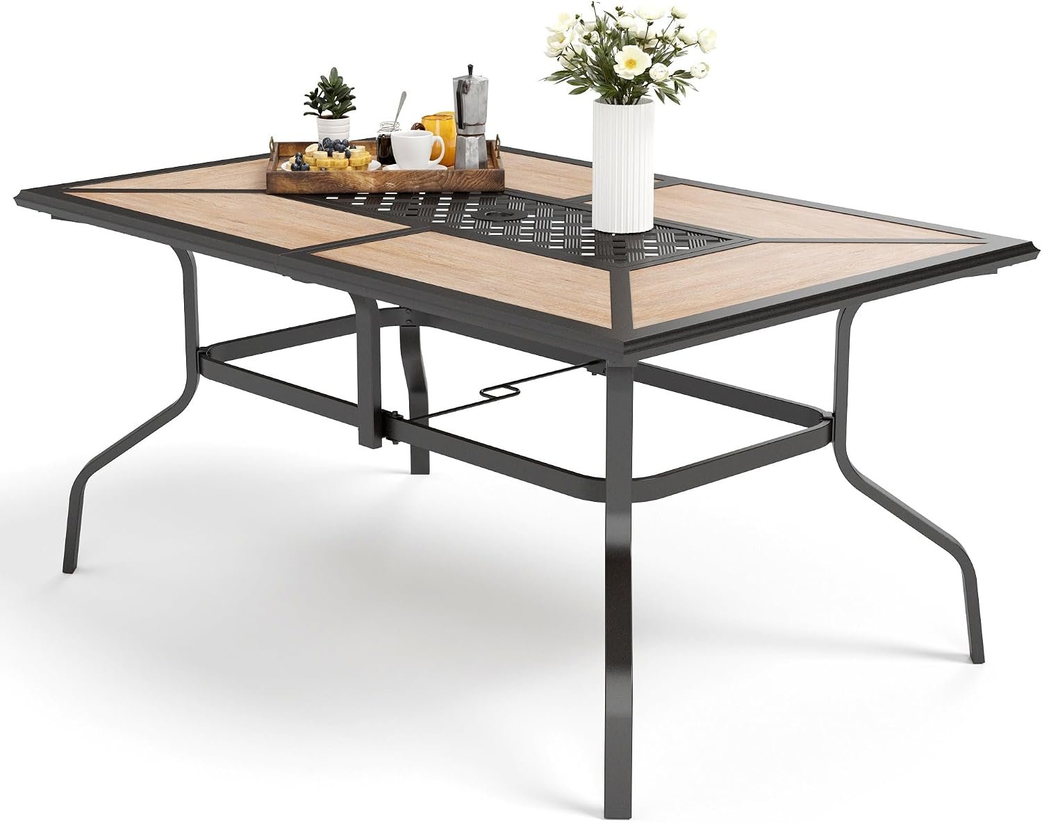 MFSTUDIO Outdoor Dining Table for 6, Long Metal Table w/Umbrella Hole | 61″ rectangle wrought iron table w/ polywood top, weather resistant. Perfect for patio, deck, porch, backyard.
