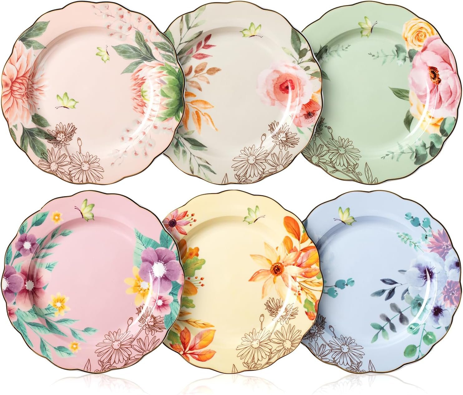 BTaT- Porcelain Floral Plates Set, 6 Pack, 8 Inch | Royal Dessert Appetizer Salad Plates Floral Design Small Dinner Plates Snacks Cakes Fruits Everyday Table Use