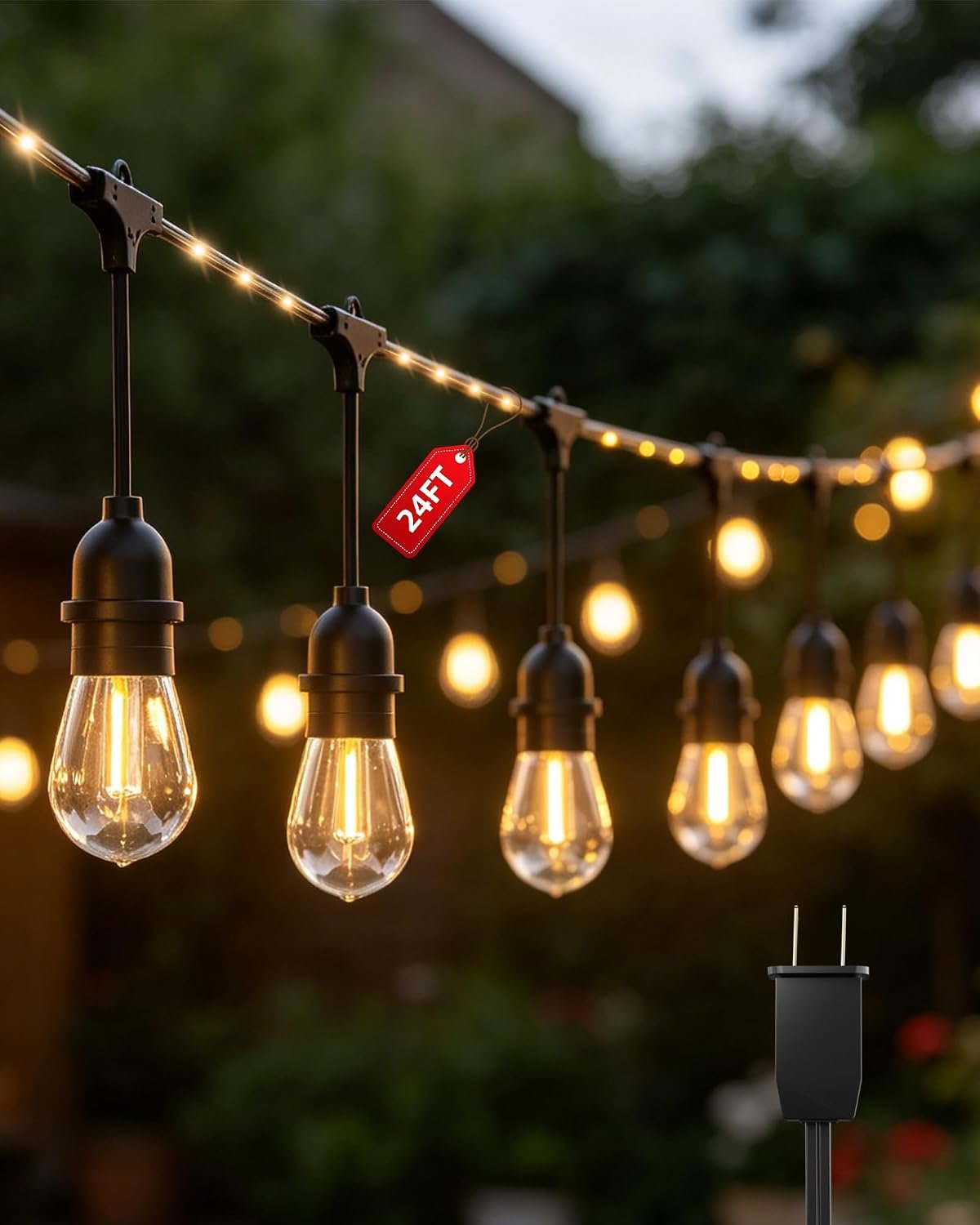 Outdoor String Lights With Lighted Tubing 24 ft, Commercial Grade String Lights with 13 (12+1spare) S14 Edison Bulbs & 72-LED Lighted Tubing, IP65 Waterproof Bistro Light for Patio, 2700K Warm White