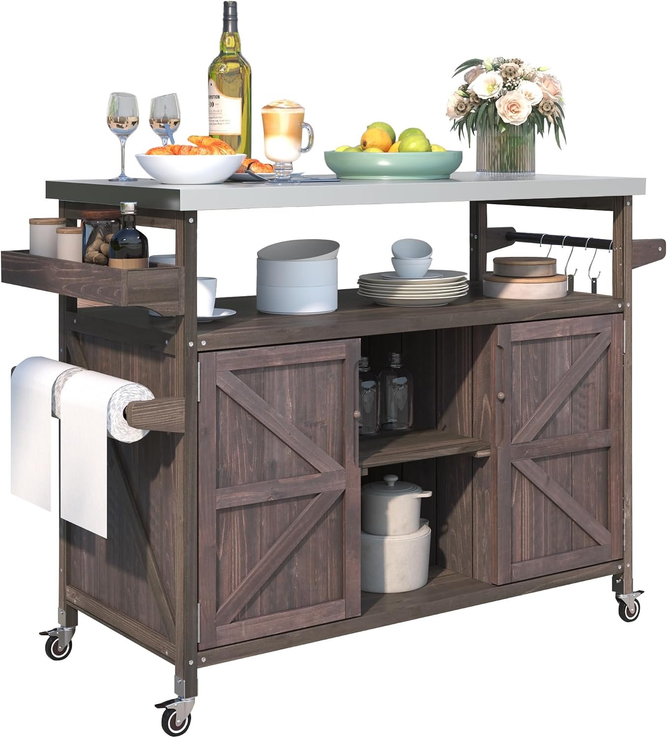 Outdoor Kitchen Island with Stainless Steel Top, Rolling Bar Cart & Storage Cabinet, 100% Solid Fir Wood BBQ Prep Station Grill Table with Spice Rack & Towel Holder (Dark Brown, 50-Inch)