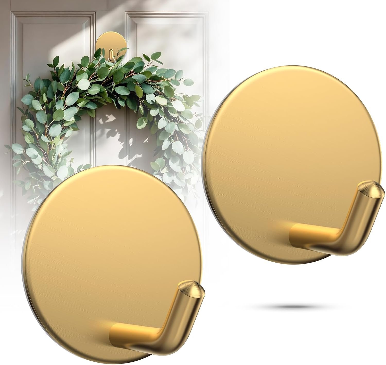OUTXE Adhesive Wreath Hanger, Heavy Duty Reef Hook | for Front Door Glass Window, Christmas/Thanksgiving/Halloween/July 4th/Easter/Valentine/Fall/Summer/Spring (Gold, 2-Pack)