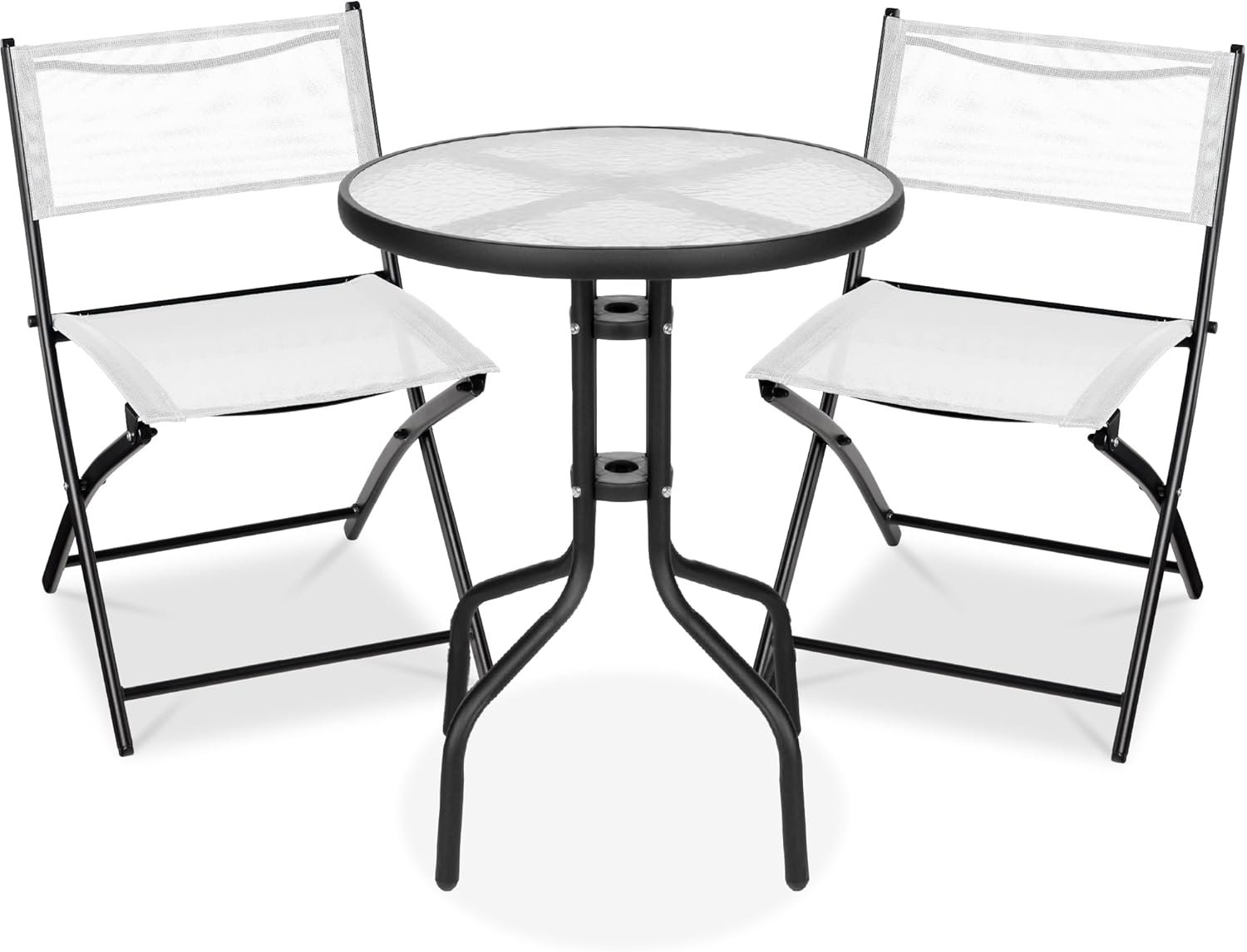 Best Choice Products 3-Piece Patio Bistro Dining Furniture Set w/Textured Glass Tabletop, 2 Steel Folding Chairs, Polyester Fabric – White