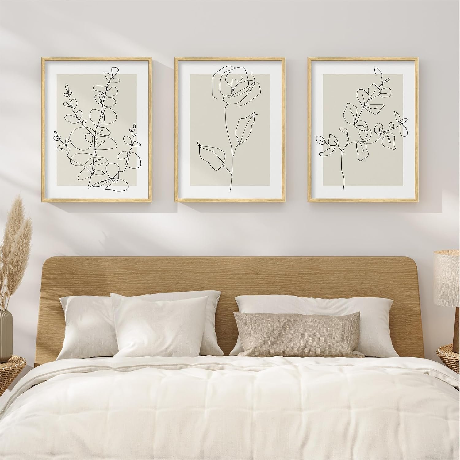 Framed Floral Art Bedroom Wall Art, 3 Piece Neutral Botanical Line Artwork for Walls, Minimalist Flower Leaf Picture Prints, Beige Botanical Painting for Living Room Kitchen Hallway Office, 12×16 Inch