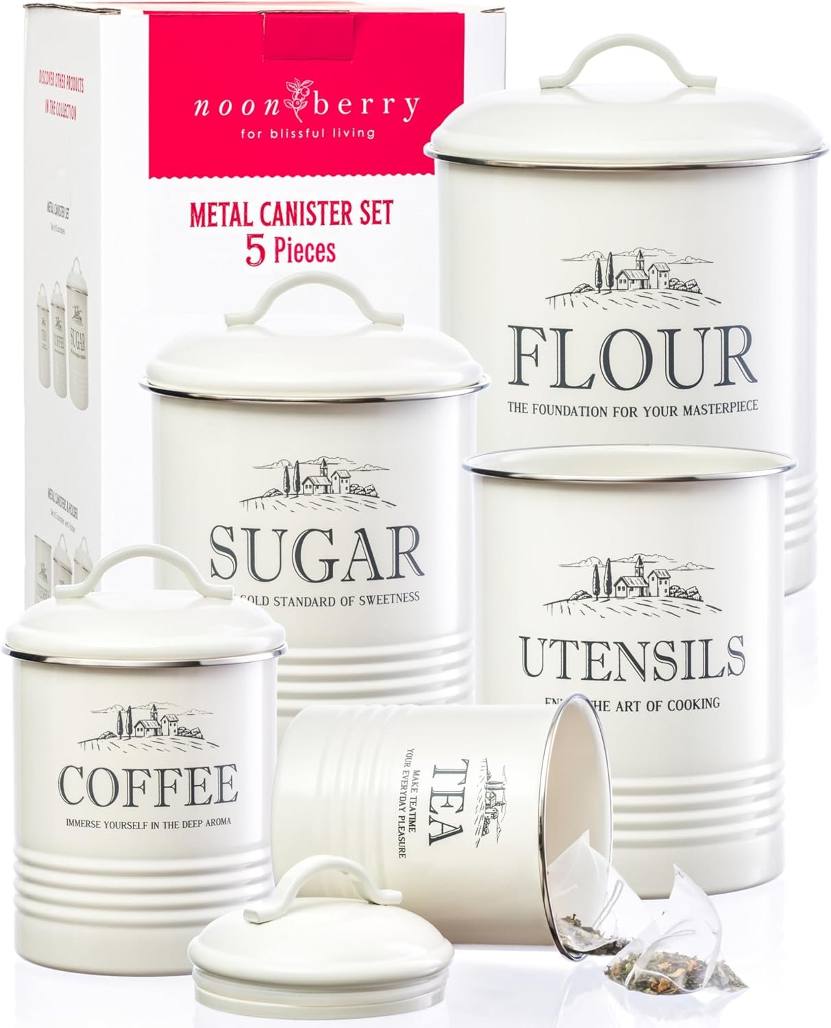 noonberry 5-Piece Farmhouse Kitchen Canister Sets for Kitchen Counter | Flour, sugar, coffee, tea; airtight kitchen canisters for countertop plus utensil holder; metal; gift-ready; cream white