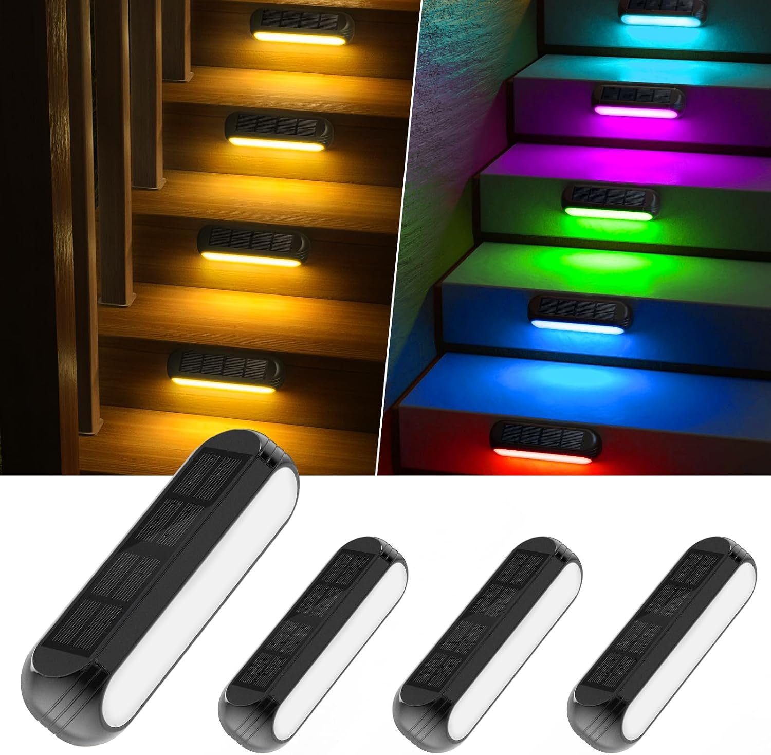 Ahaorigin Solar Outdoor Lights for Deck 4 Pack, Upgraded RGB Solar Fence Lights with Color Changing & Warm White Mode, Waterproof LED Solar Powered Light for Yard, Wall, Stairs, Pool and Step Decor