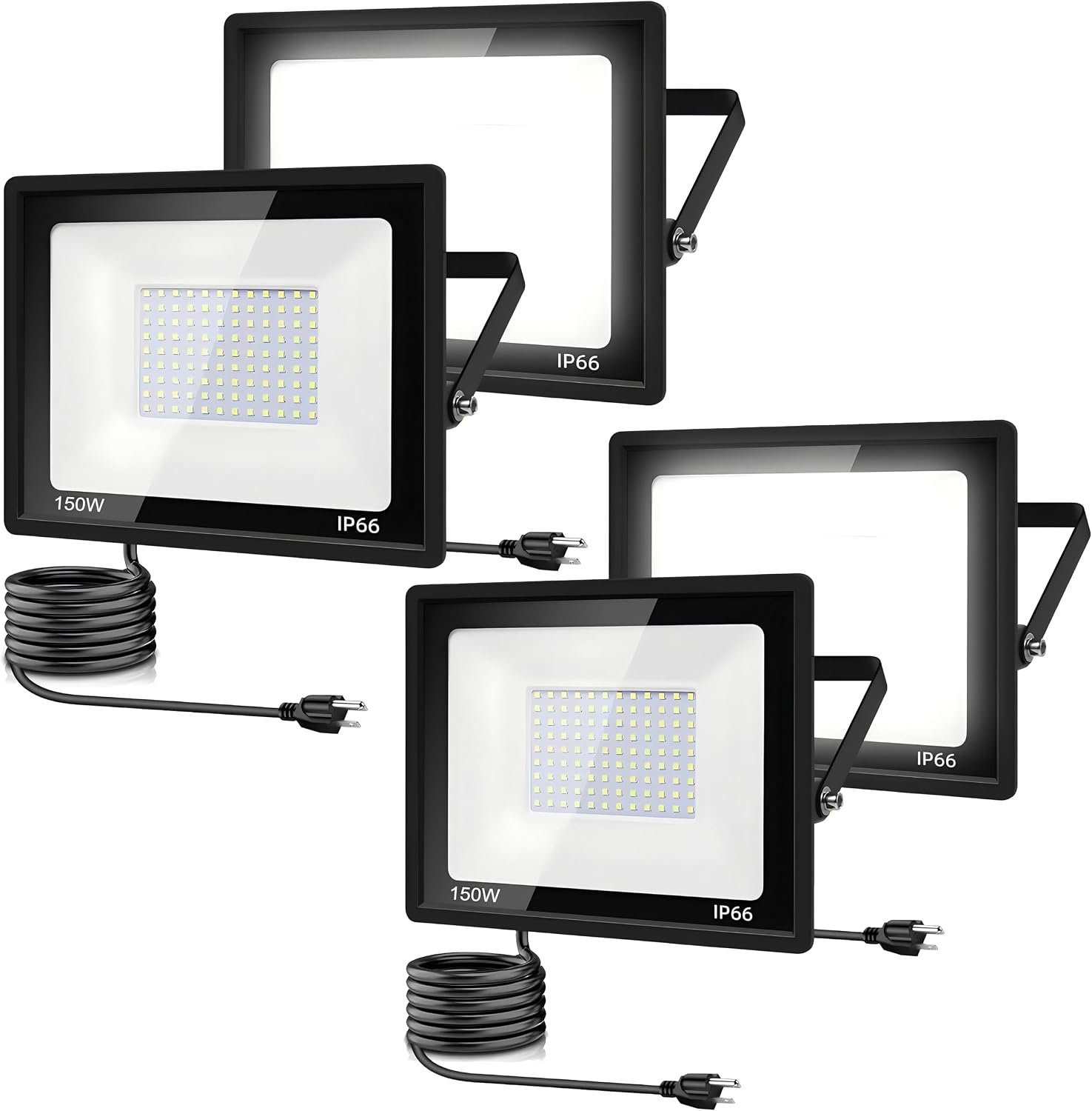 4Pack 150W LED Flood Light Outdoor,15500LM LED Work Light with US 5FT Plug,6000K Daylight White,IP67 Waterproof Outdoor Floodlights for Yard,Garden,Playground