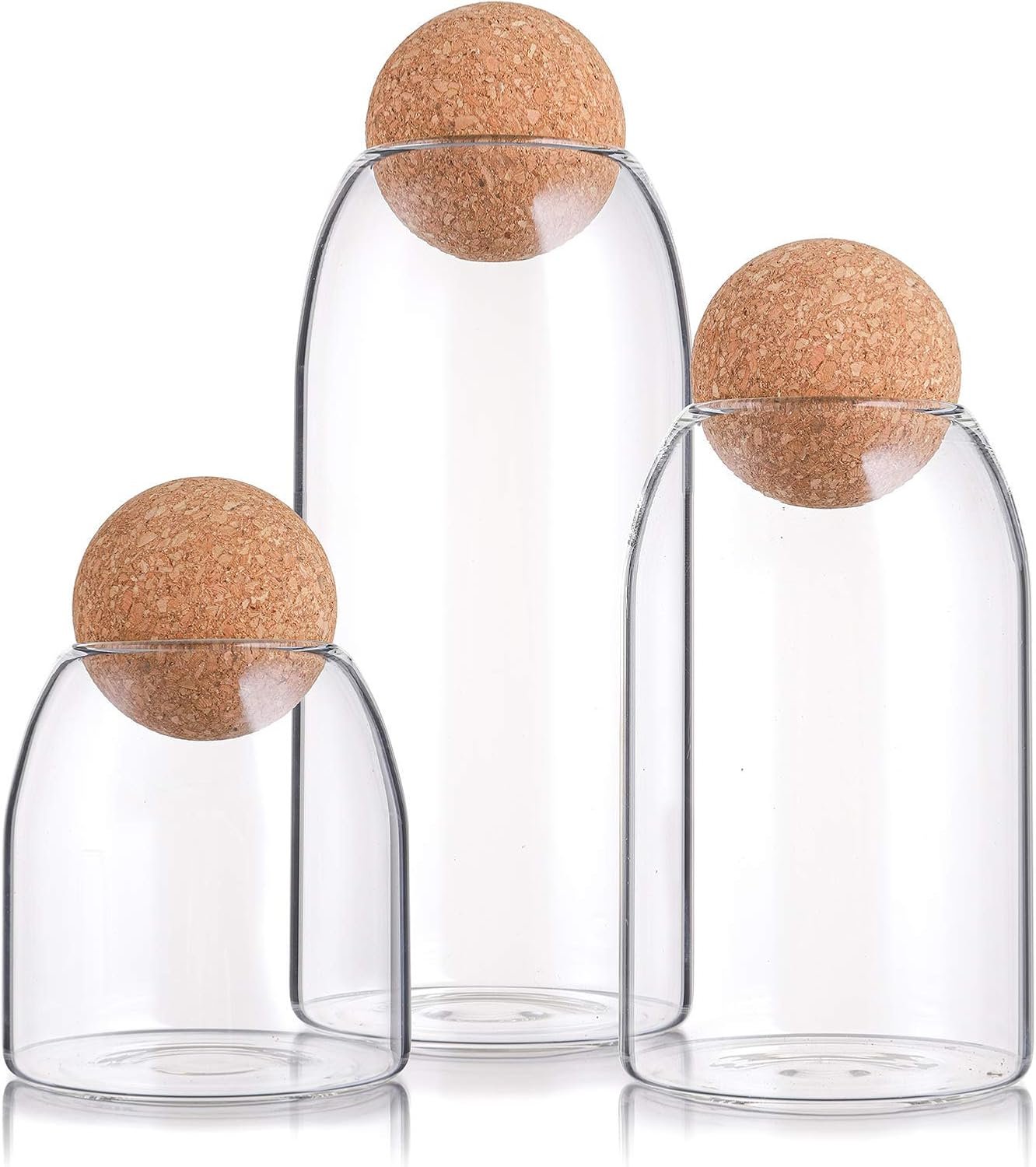 3 Pack Glass Storage Jar with Ball Cork Lid, Clear Glass Canisters with Cork Ball, Cute Decorative Round Glass Bottles with Airtight Wooden Lid for Spice, Sugar, Salt, Tea, Nuts, Coffee Beans