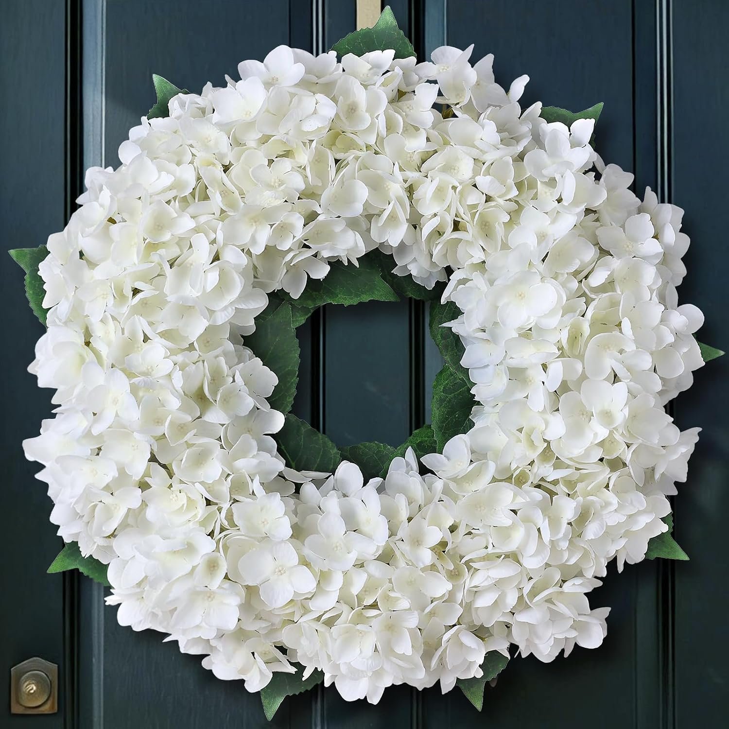 21″ Artificial Hydrangea Flower Wreath for Front Door Decor (White) | Full and Lush Fake Hydrangea Wreath, Faux Silk Flower, for Window Wall Home Farmhouse Outdoor Spring Summer Decor