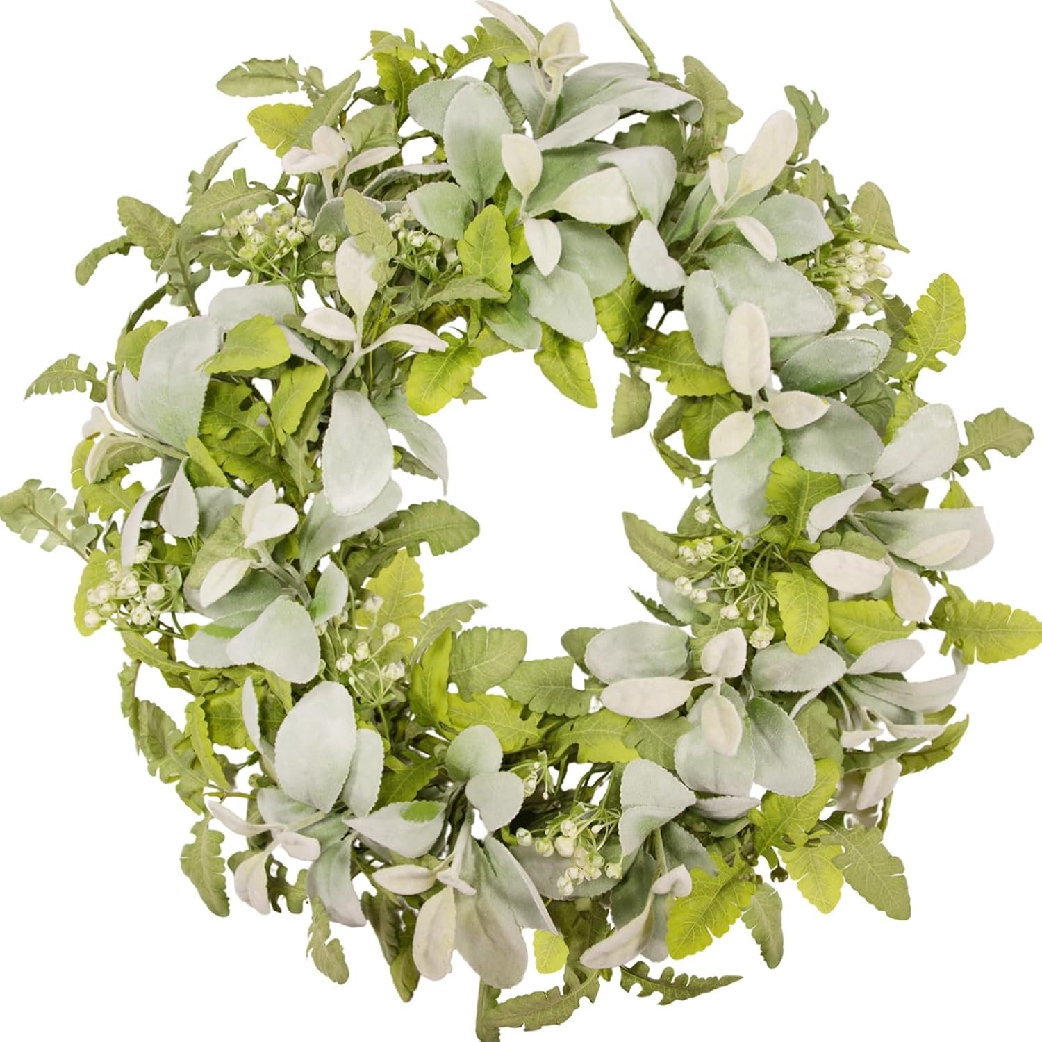Green Year Round Wreaths 22 Inch Fabric Leaves Wreath with Lambs Ear Leaves & White Flowers, All Seasons Wreaths for Front Door Spring Summer Porch Wall Indoor Outdoor Farmhouse Decor