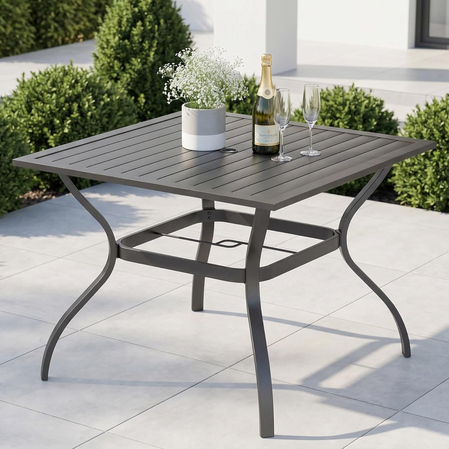 PHI VILLA 37″ Patio Table for 4, Metal Outdoor Dining Table with E-Coating, Square Steel Slated Outdoor Table with 1.57″ Umbrella Hole for Garden Backyard, Black