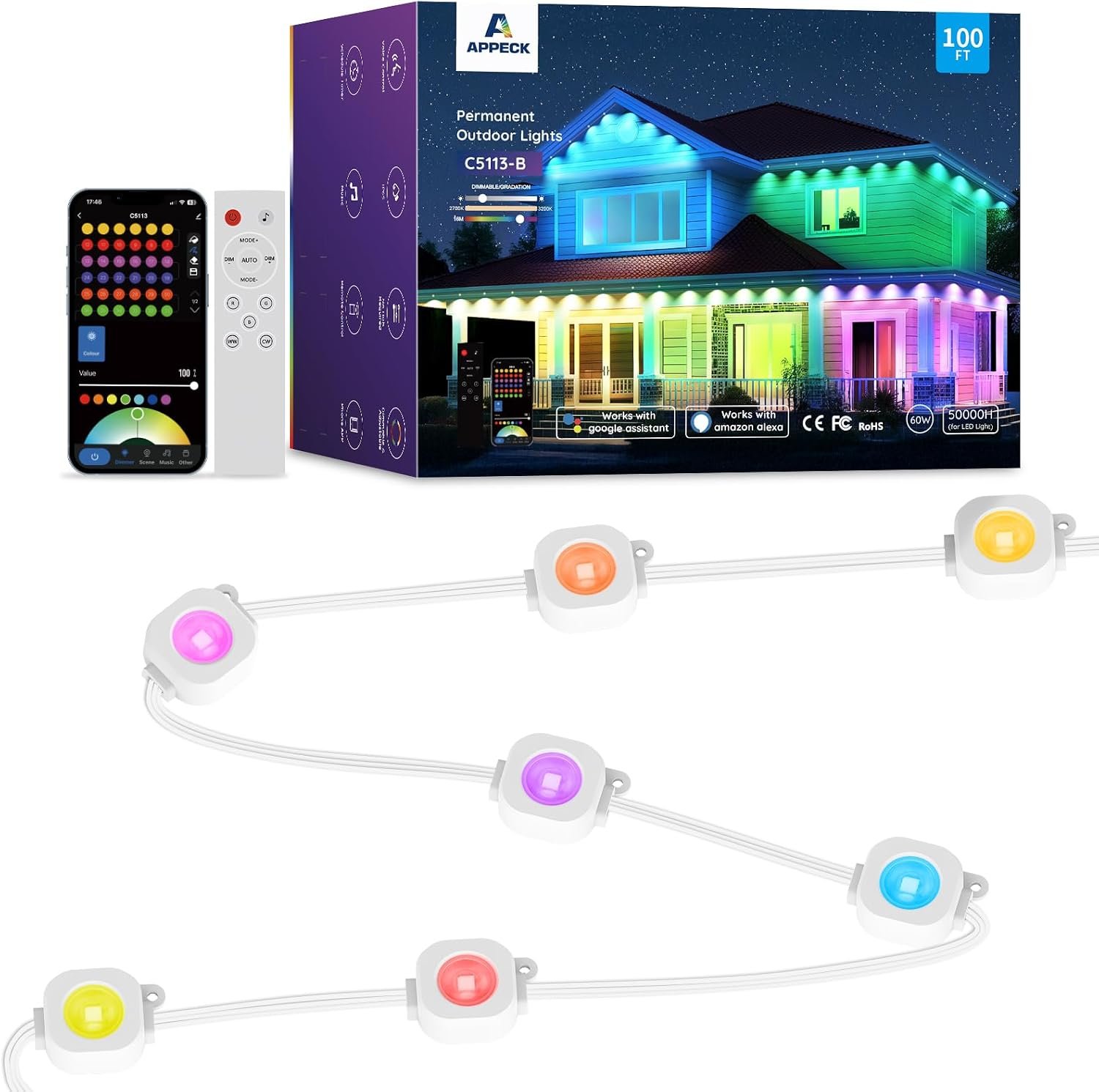 APPECK RGBW Permanent Outdoor Lights 100ft with 72 Lights,White | 111+ Scenes Modes Outdoor Lighting, APP Control Eaves Lights Compatible with Alexa, for Decorations, Daily